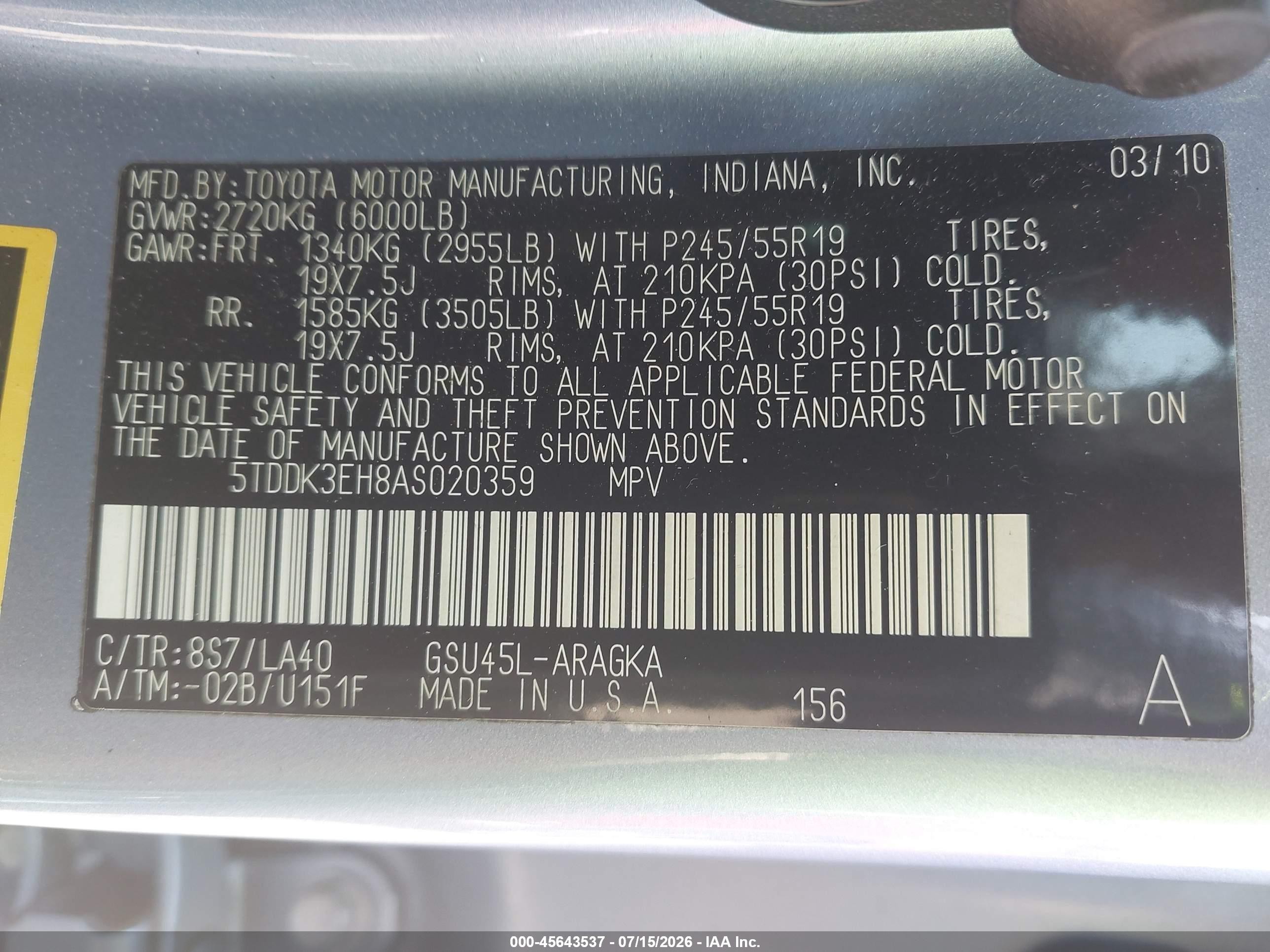 2010 Toyota Highlander Limited V6 Blue vin: 5TDDK3EH8AS020359