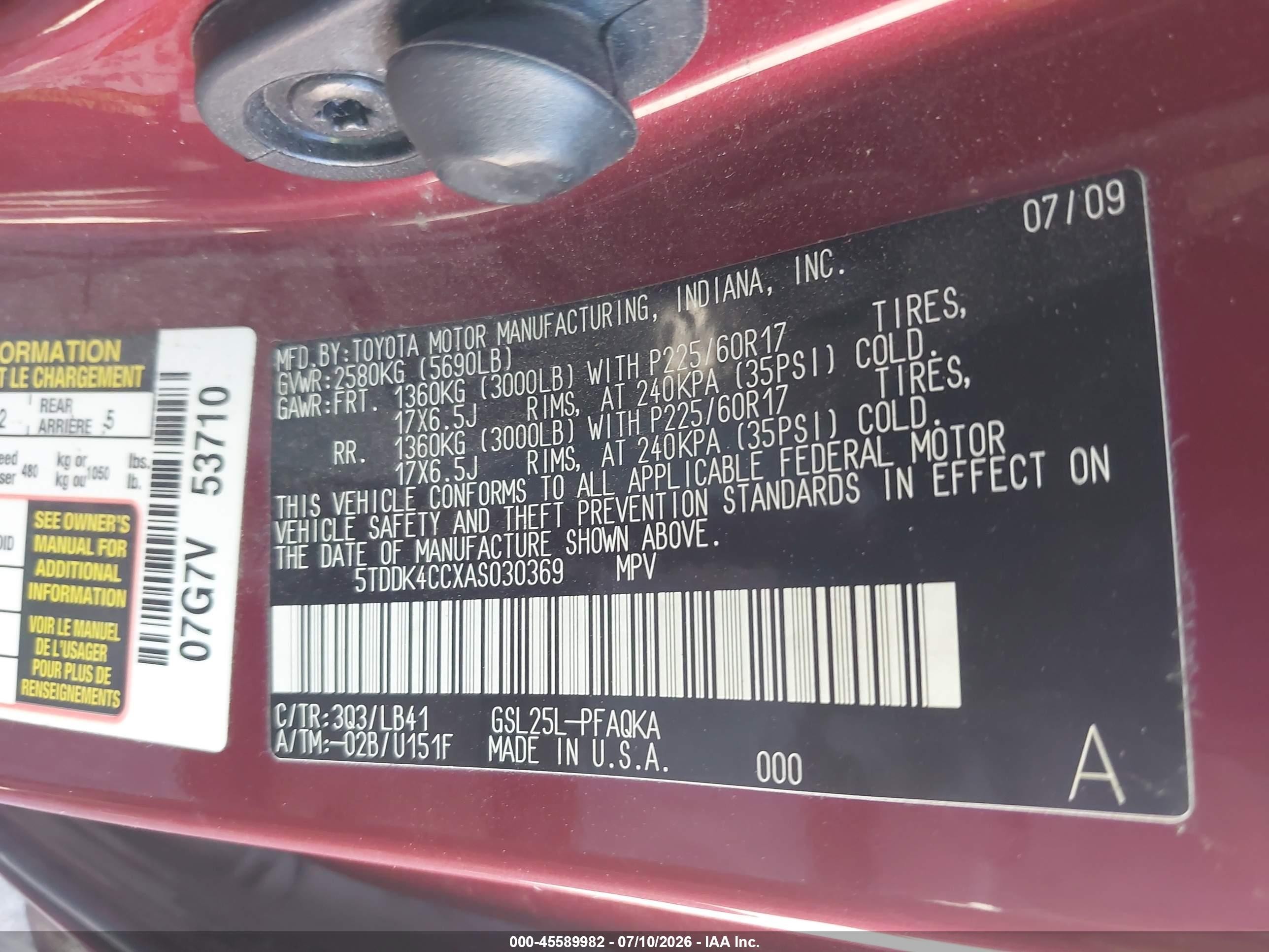 2010 Toyota Sienna Limited Red vin: 5TDDK4CCXAS030369
