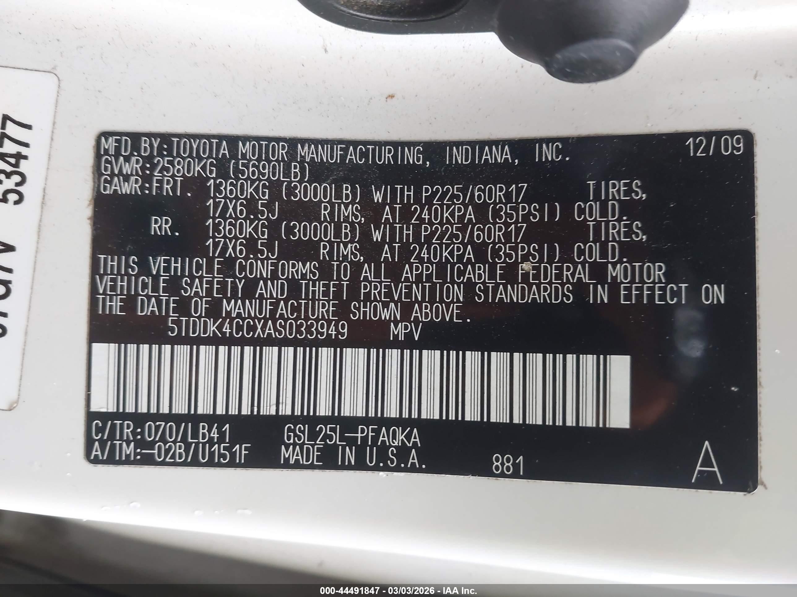 2010 Toyota Sienna Limited White vin: 5TDDK4CCXAS033949