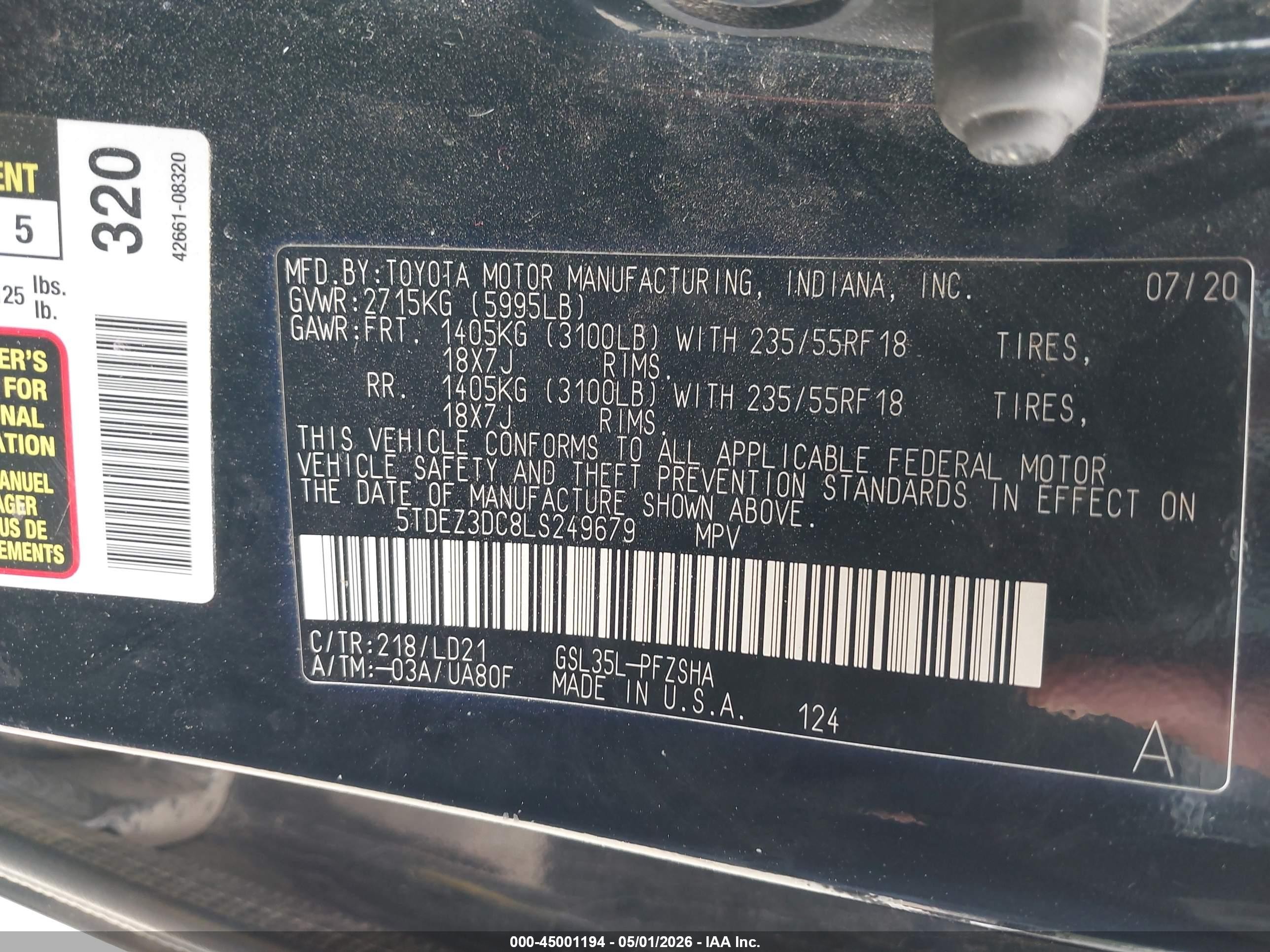 2020 Toyota Sienna Se Black vin: 5TDEZ3DC8LS249679