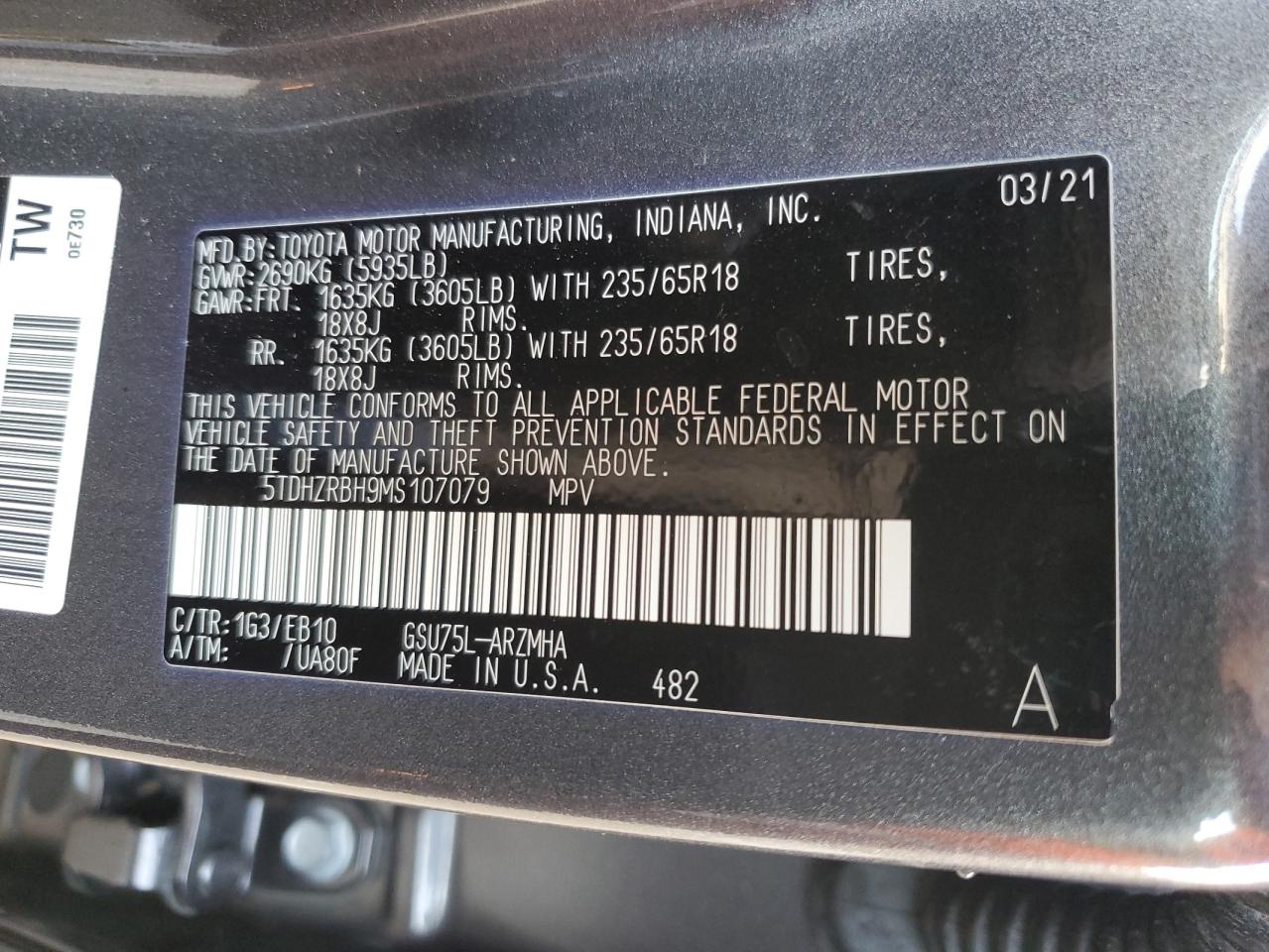 2021 Toyota Highlander Xle Gray vin: 5TDHZRBH9MS107079