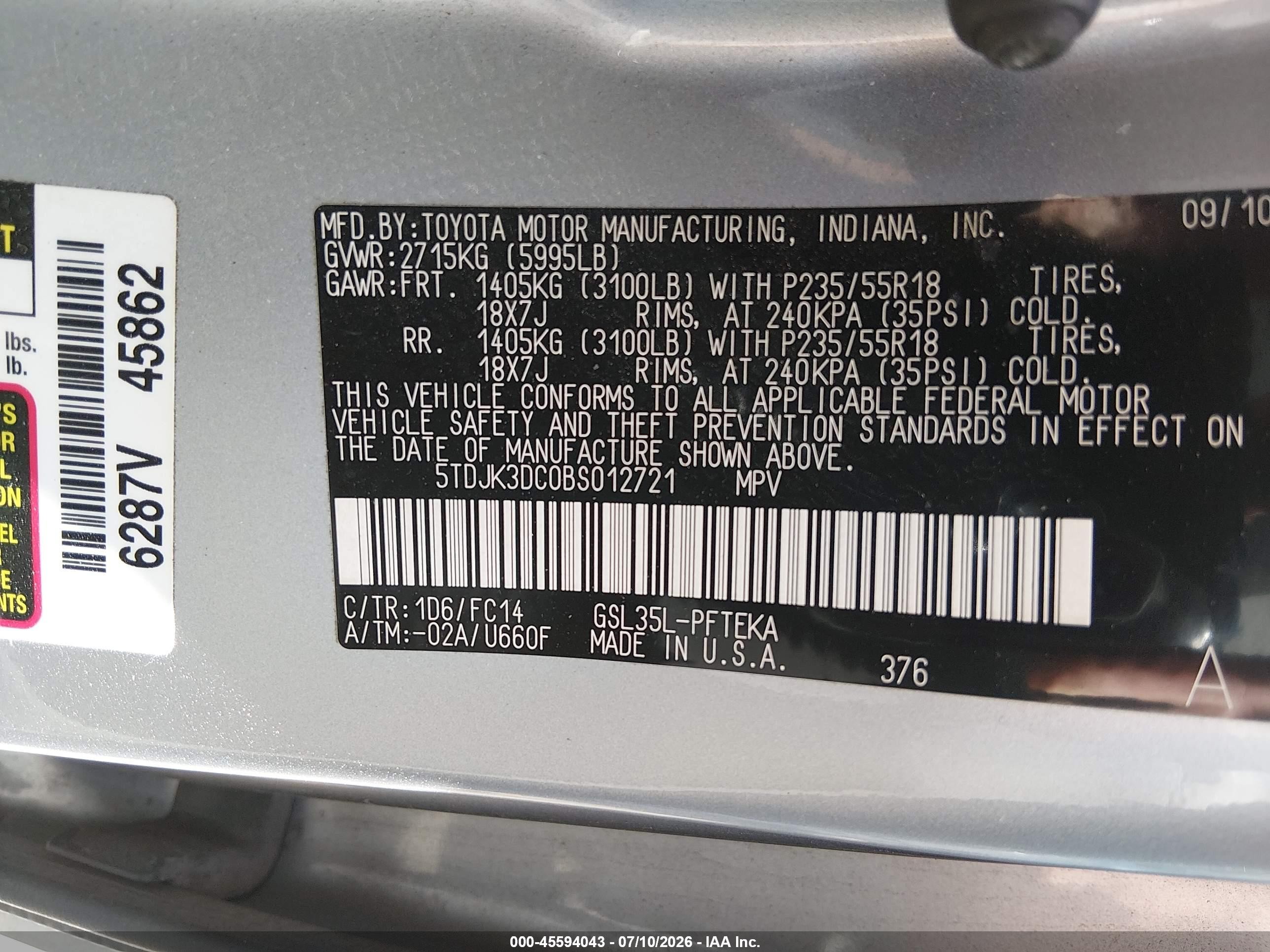 2011 Toyota Sienna Le Silver vin: 5TDJK3DC0BS012721