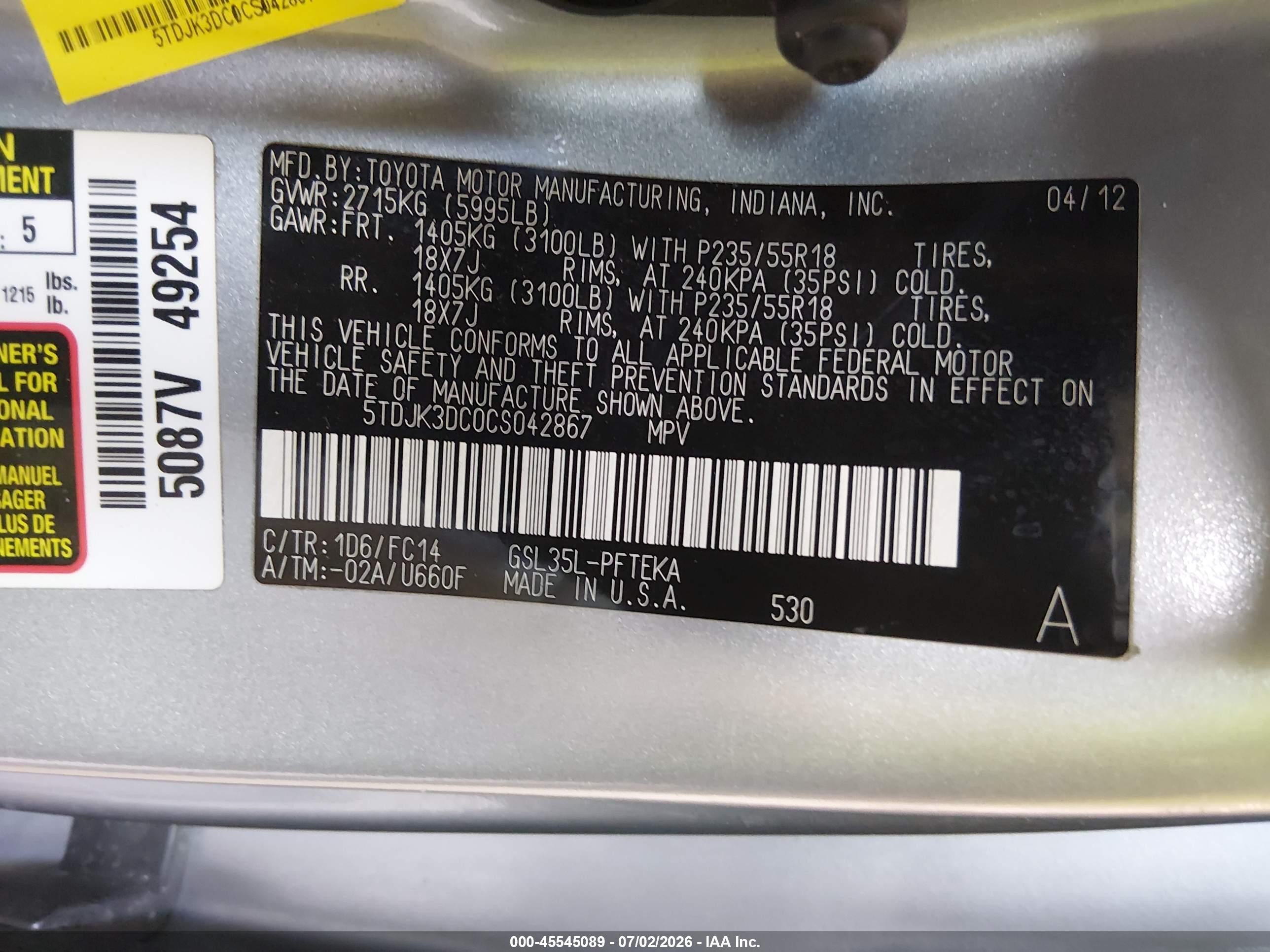 2012 Toyota Sienna Le 7 Passenger Silver vin: 5TDJK3DC0CS042867