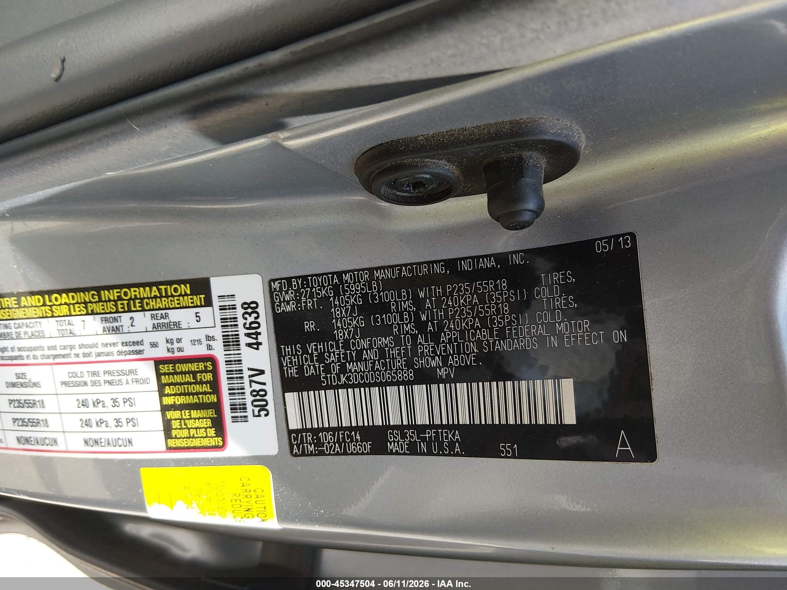2013 Toyota Sienna Le 7 Passenger Gray vin: 5TDJK3DC0DS065888