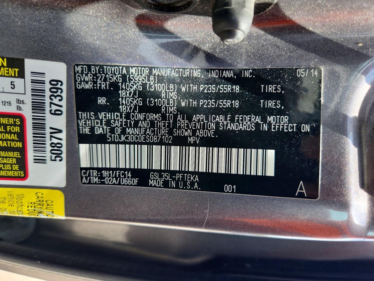 2014 Toyota Sienna Le Gray vin: 5TDJK3DC0ES087102