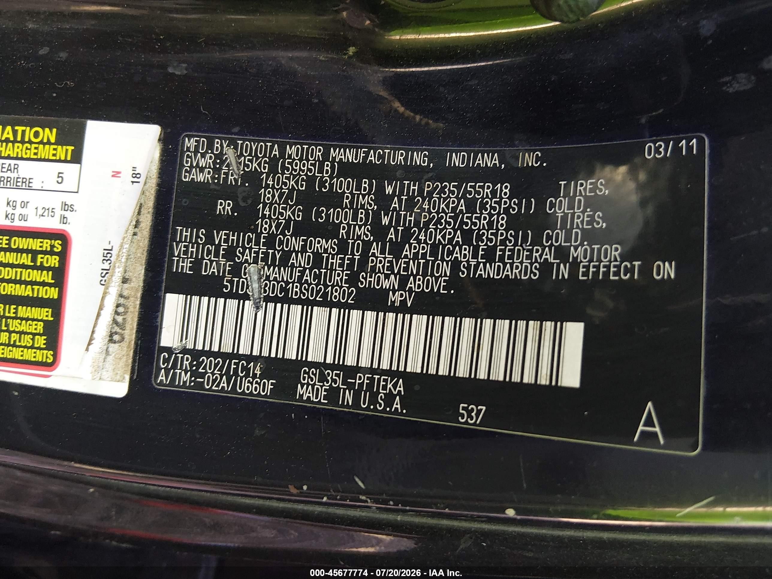 2011 Toyota Sienna Le Black vin: 5TDJK3DC1BS021802