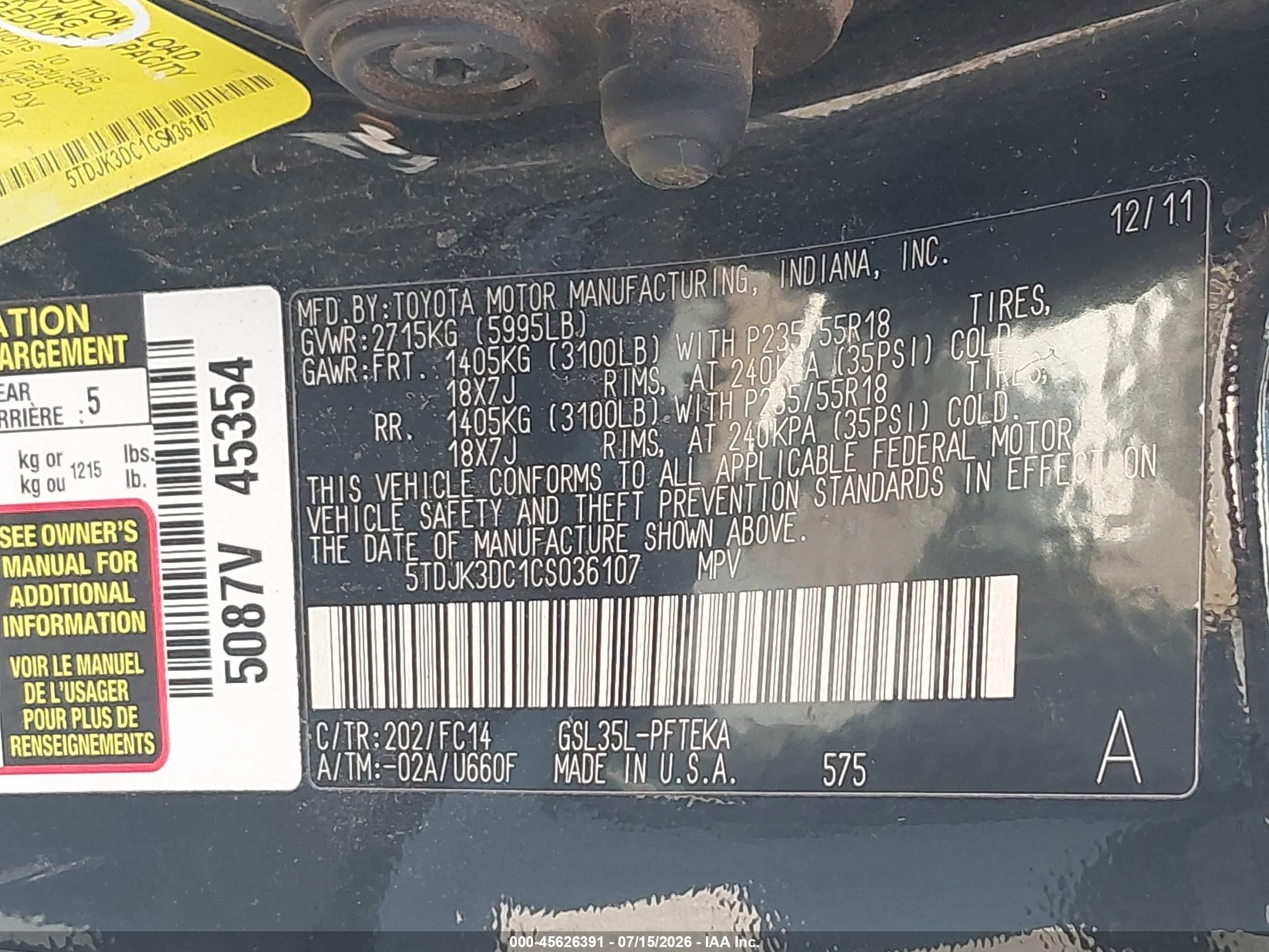 2012 Toyota Sienna Le 7 Passenger Black vin: 5TDJK3DC1CS036107