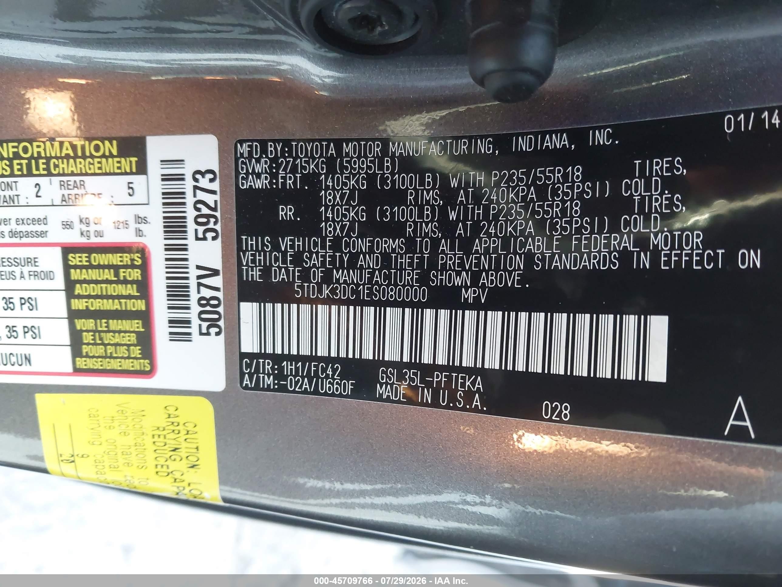 2014 Toyota Sienna Le 7 Passenger Gray vin: 5TDJK3DC1ES080000