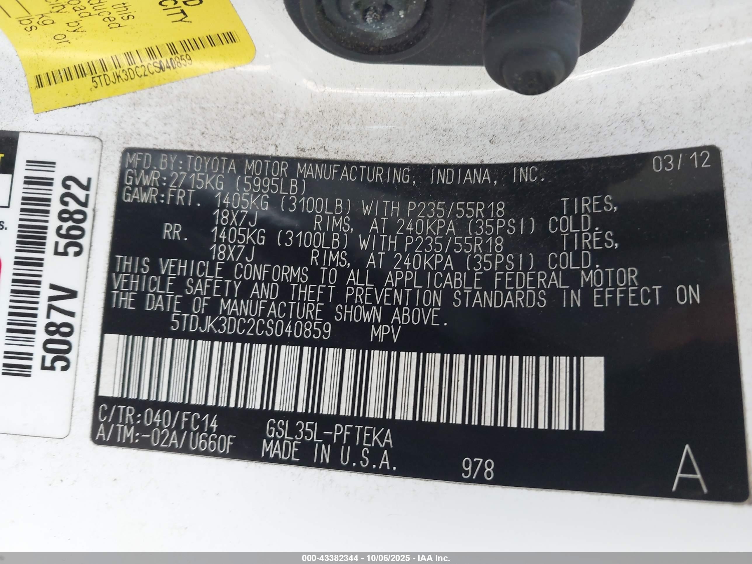 2012 Toyota Sienna Le 7 Passenger White vin: 5TDJK3DC2CS040859