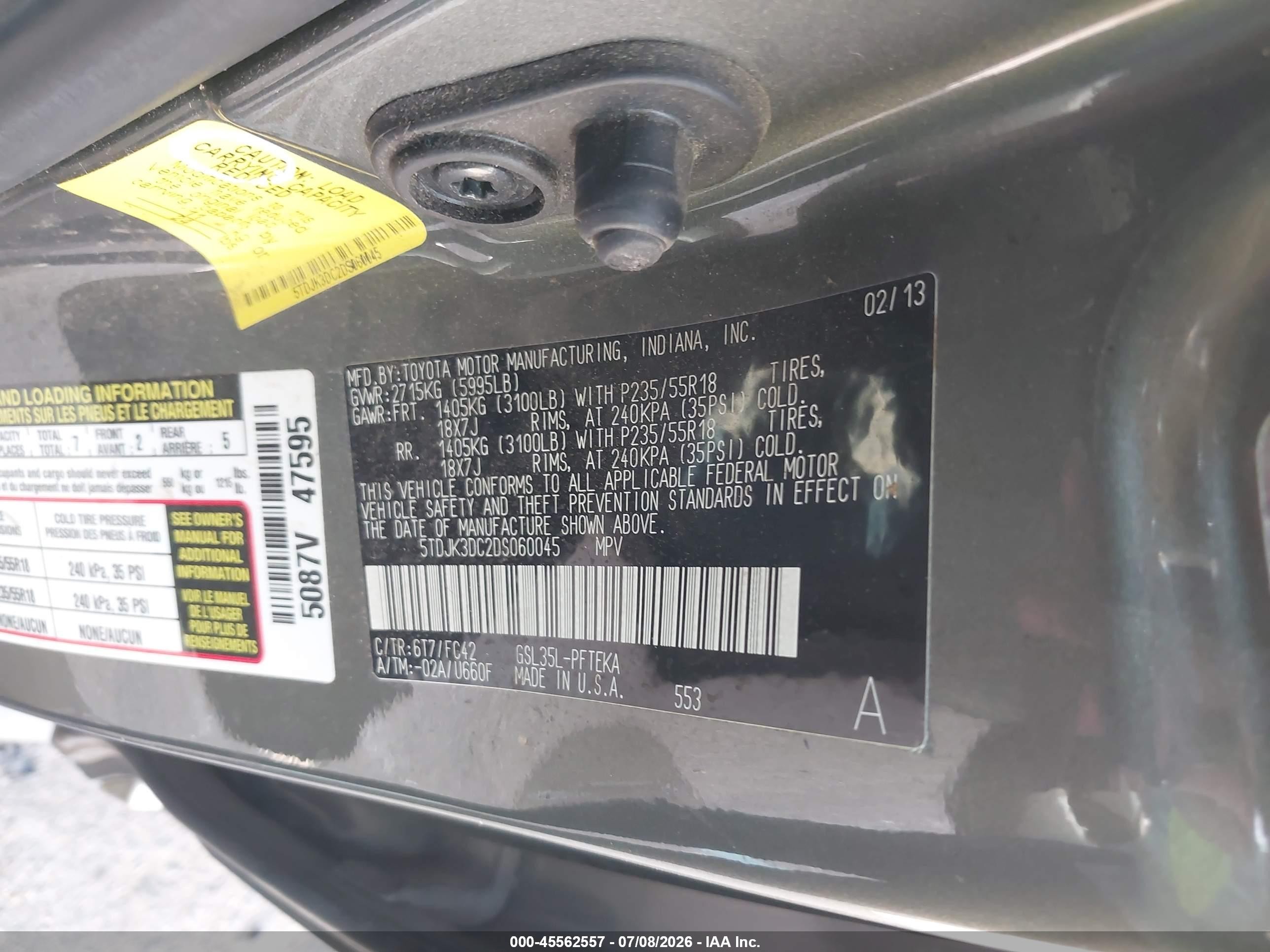 2013 Toyota Sienna Le 7 Passenger Gray vin: 5TDJK3DC2DS060045