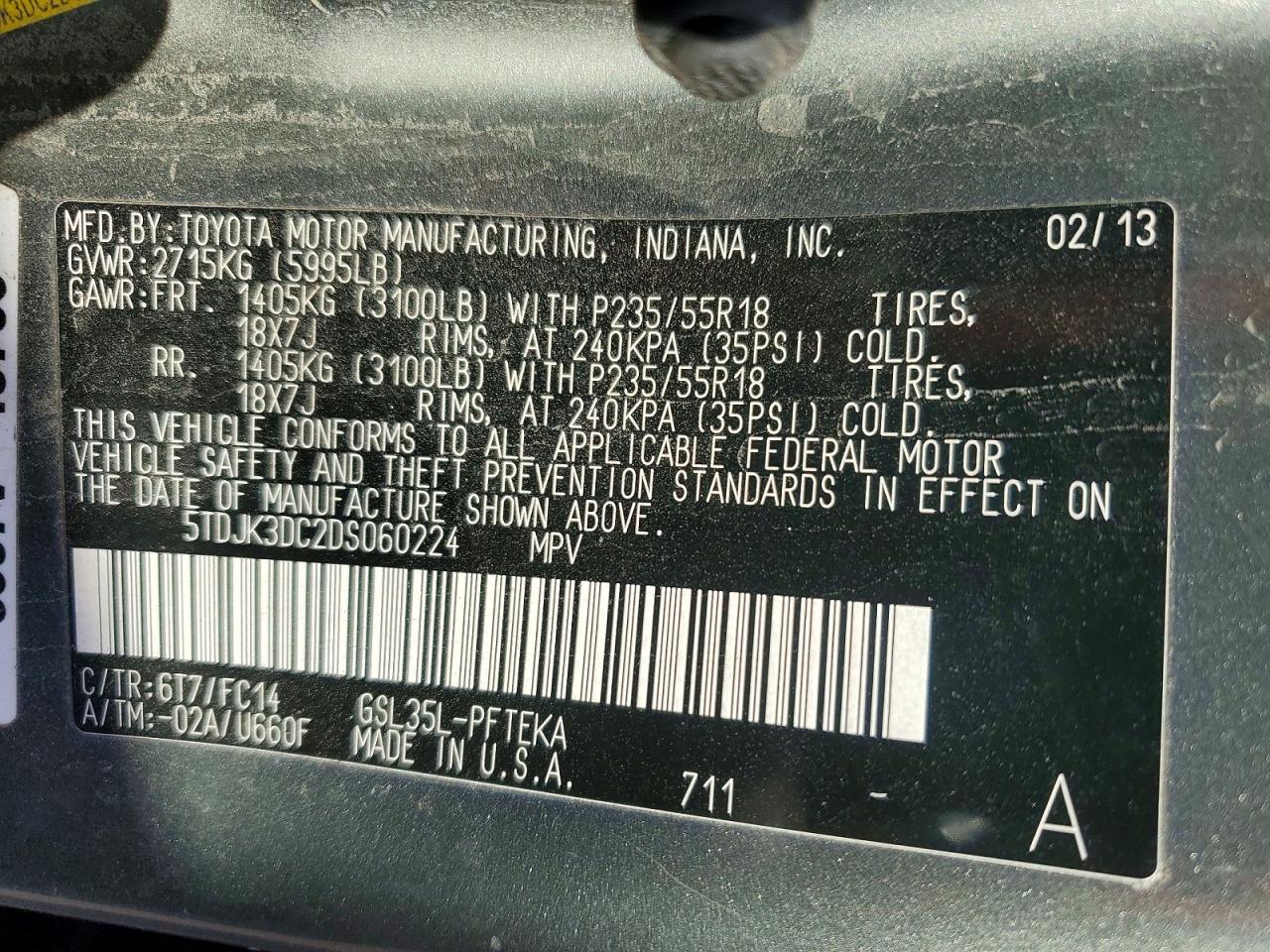 2013 Toyota Sienna Le 7-passenger Green vin: 5TDJK3DC2DS060224
