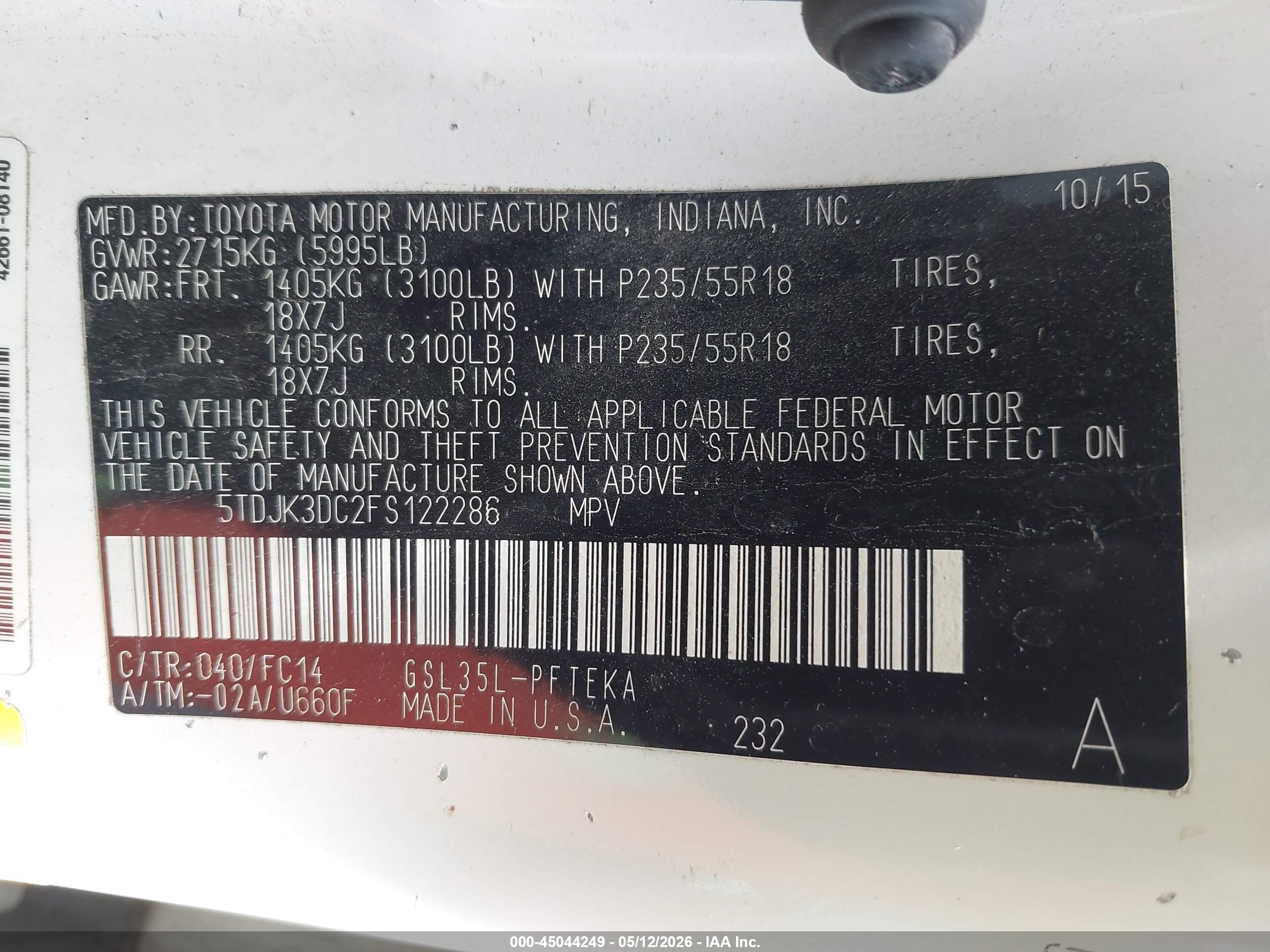 2015 Toyota Sienna Le 7 Passenger White vin: 5TDJK3DC2FS122286