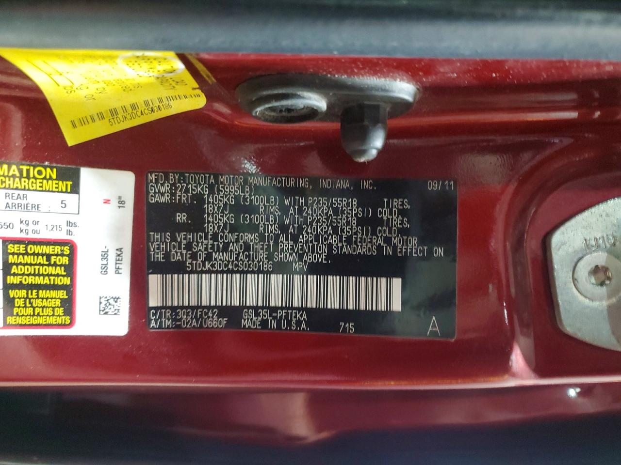2012 Toyota Sienna Le Burgundy vin: 5TDJK3DC4CS030186