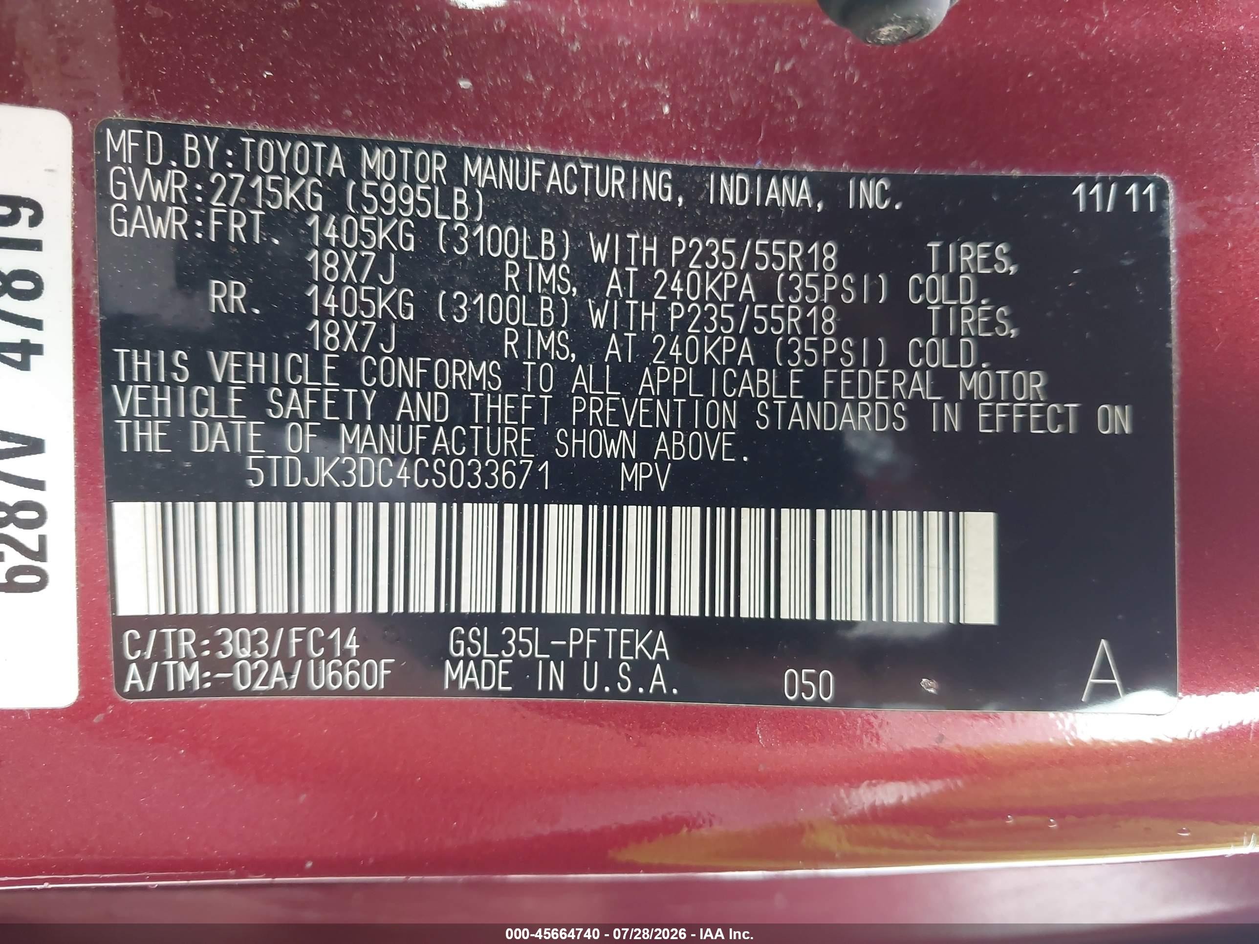 2012 Toyota Sienna Le 7 Passenger Red vin: 5TDJK3DC4CS033671