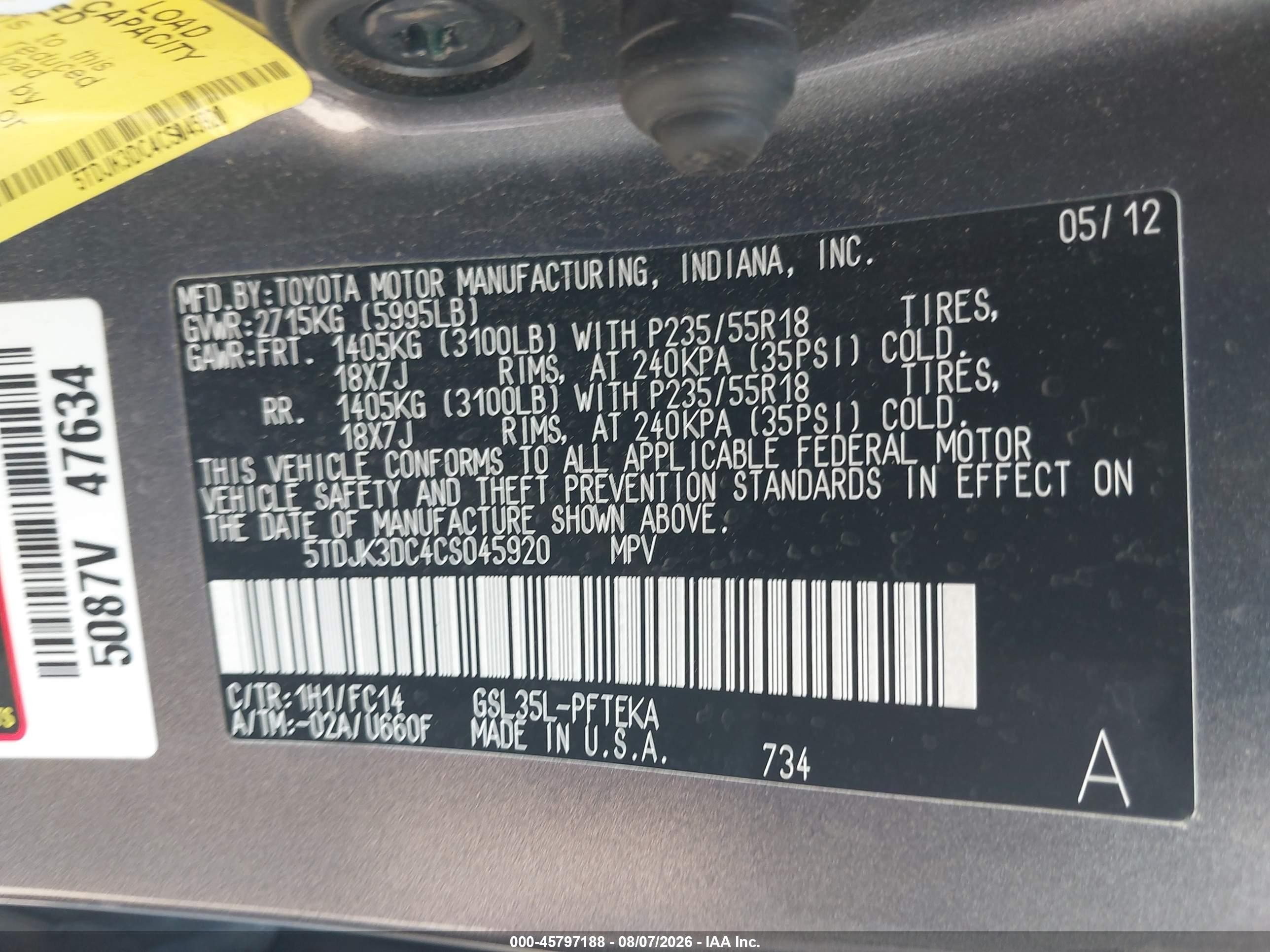 2012 Toyota Sienna Le 7 Passenger Gray vin: 5TDJK3DC4CS045920