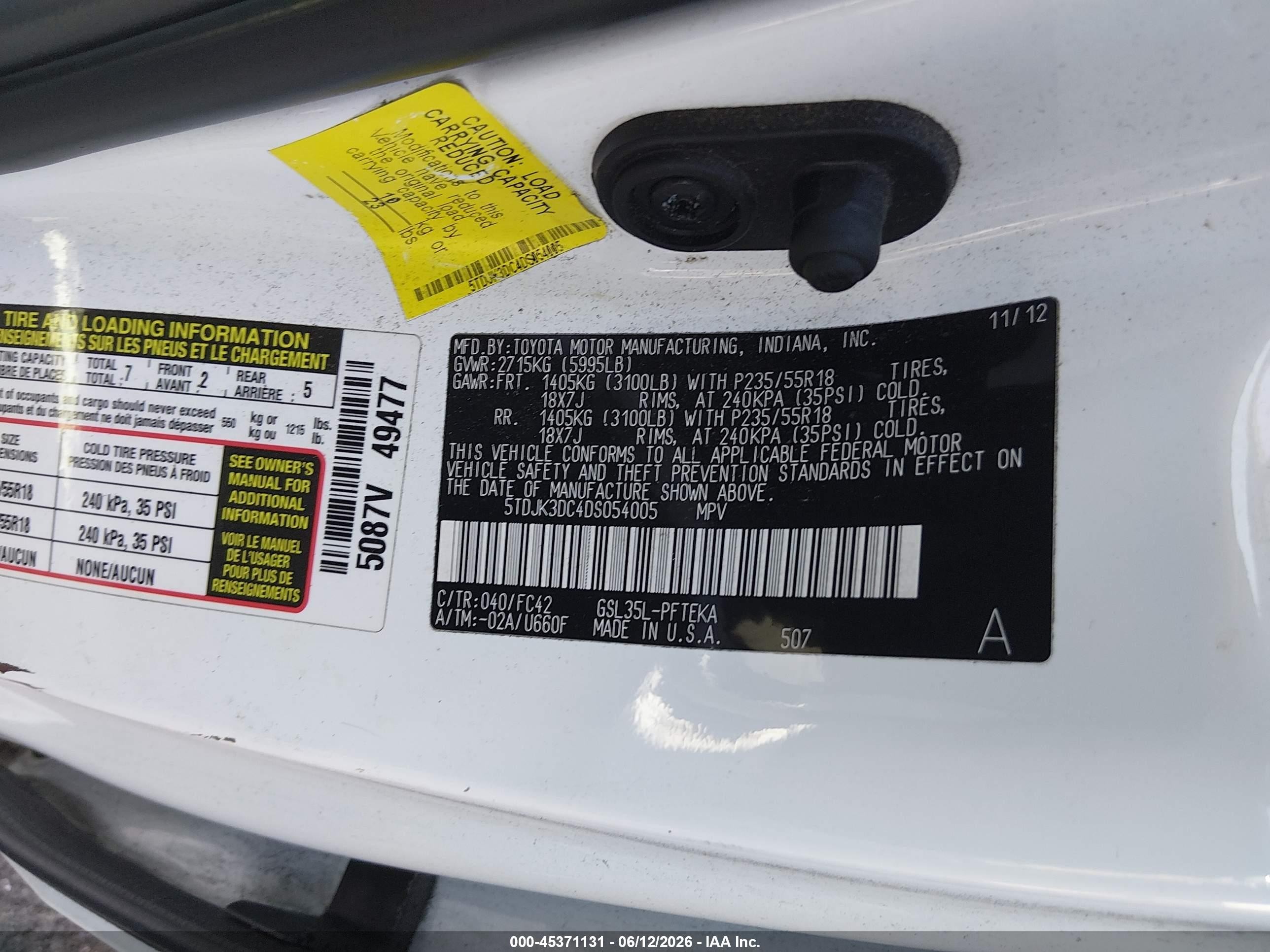 2013 Toyota Sienna Le 7 Passenger White vin: 5TDJK3DC4DS054005