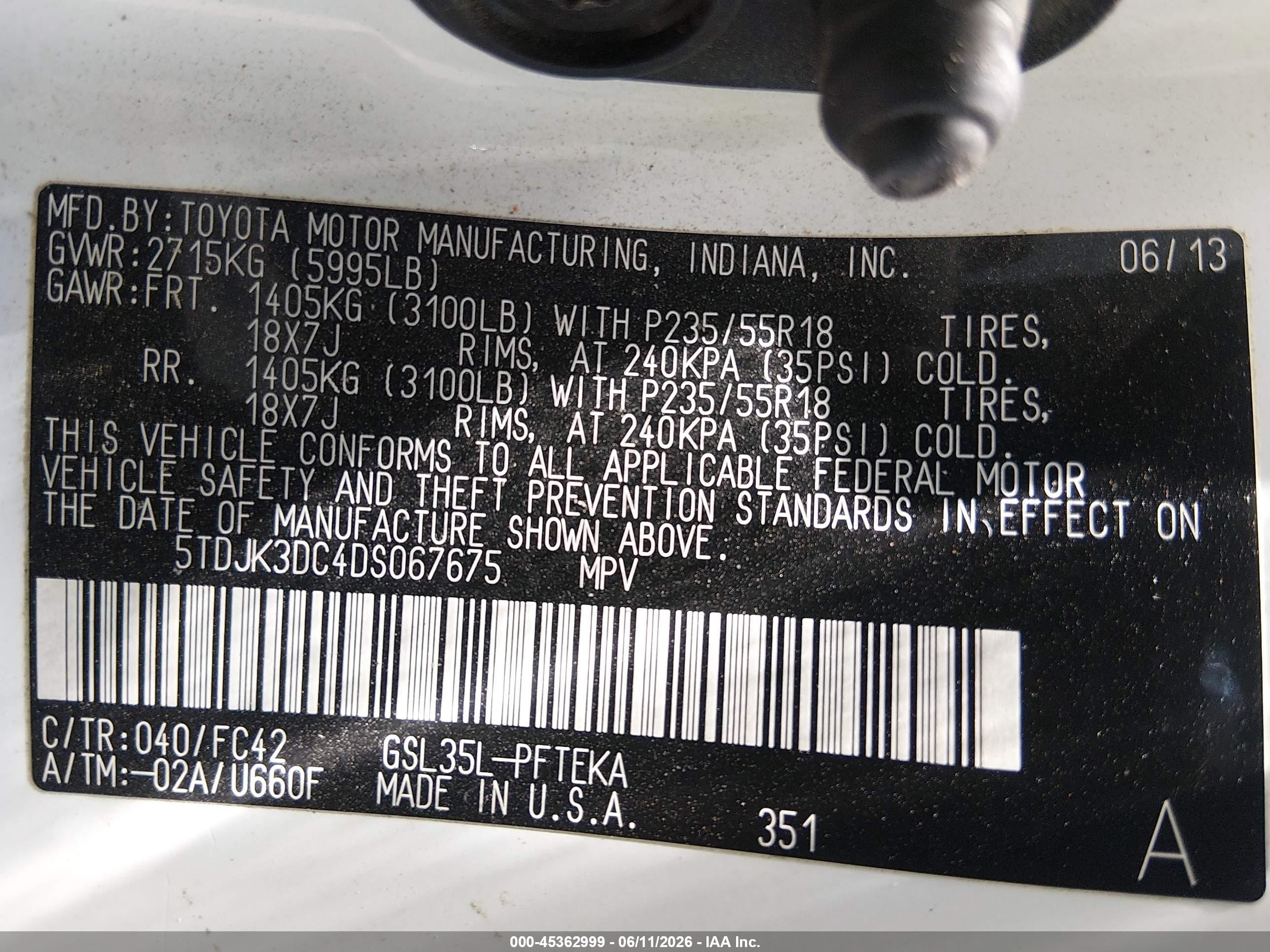 2013 Toyota Sienna Le 7 Passenger Белый vin: 5TDJK3DC4DS067675