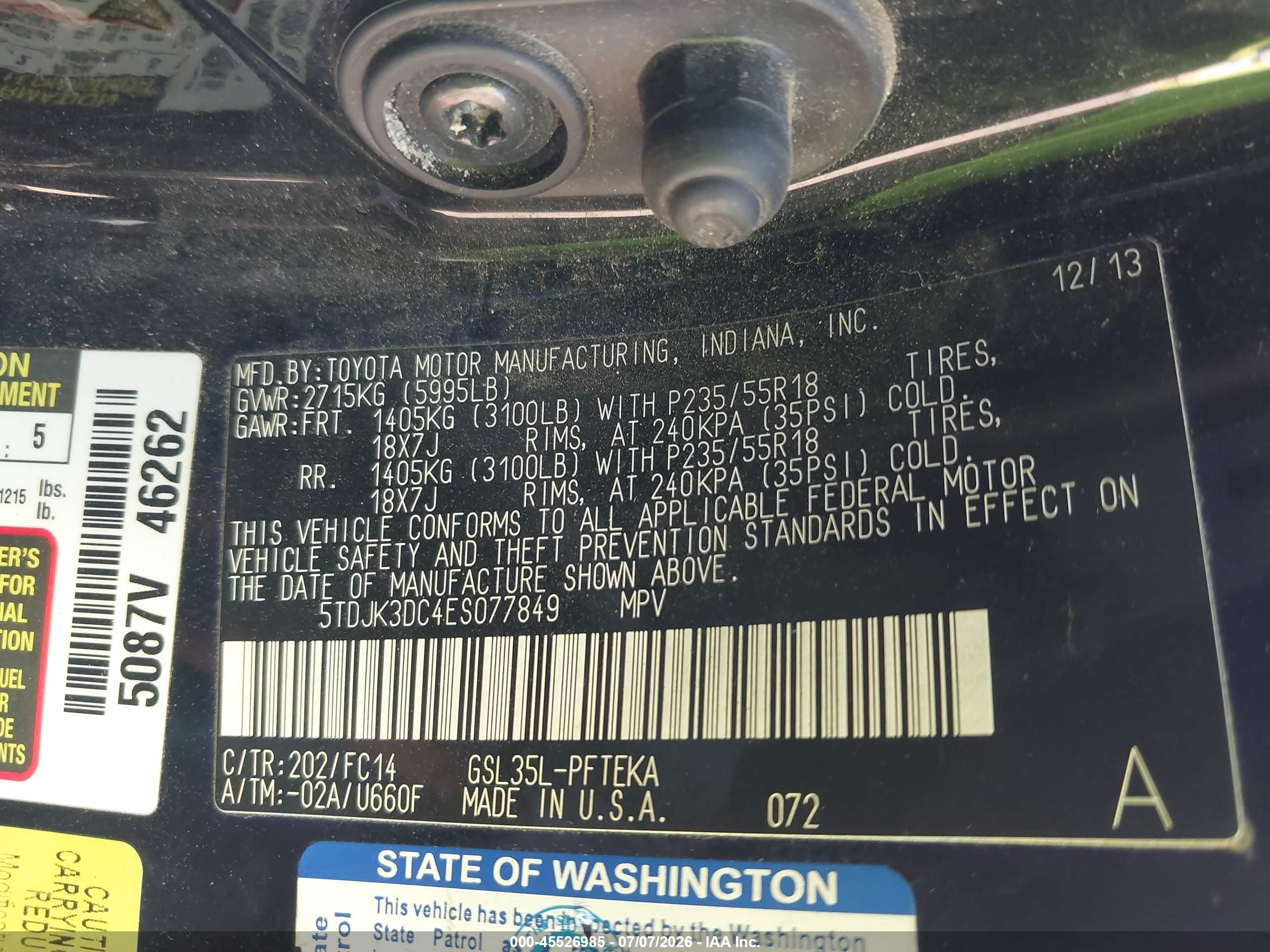 2014 Toyota Sienna Le 7 Passenger Black vin: 5TDJK3DC4ES077849