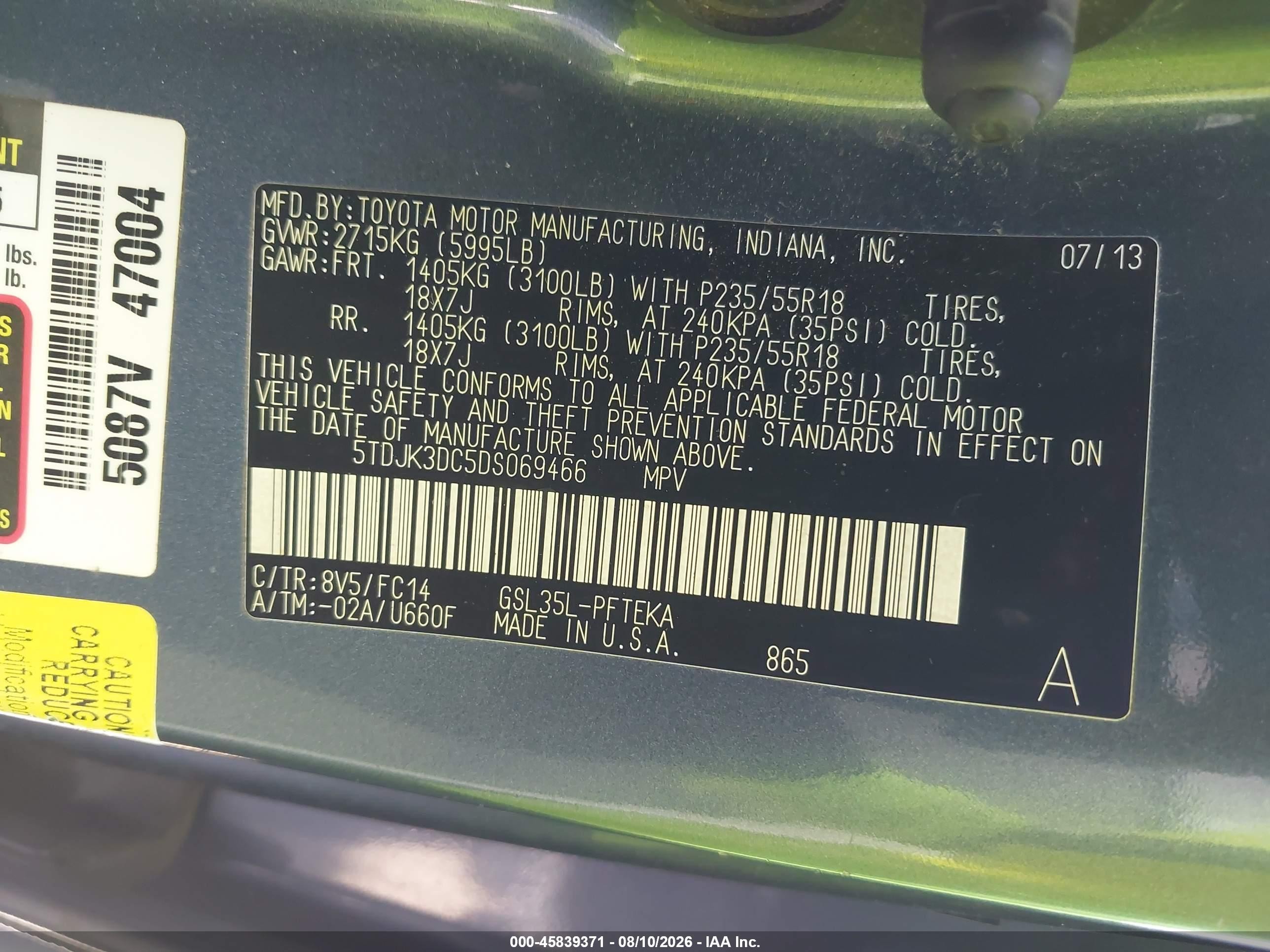 2013 Toyota Sienna Le 7 Passenger Blue vin: 5TDJK3DC5DS069466