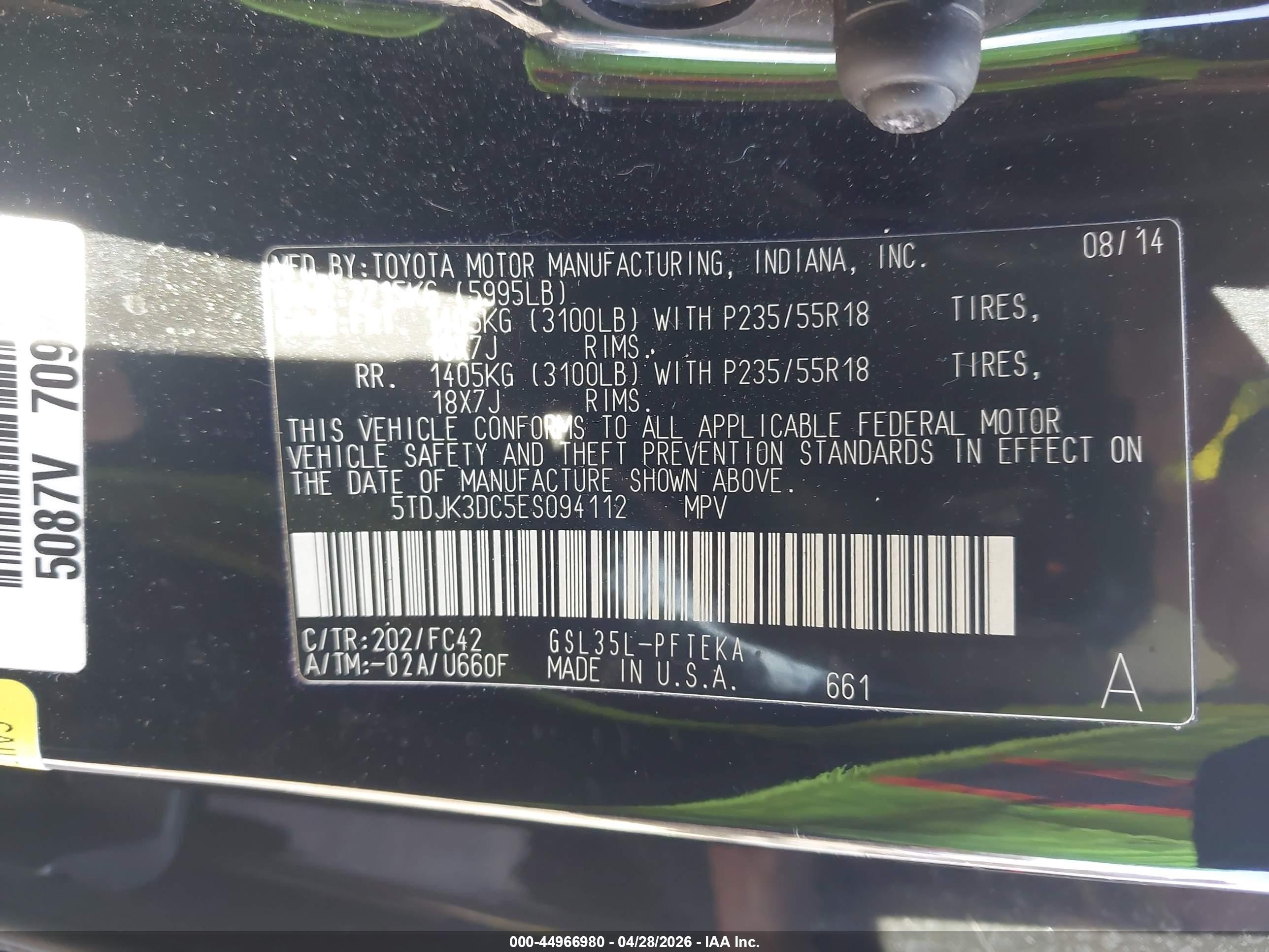 2014 Toyota Sienna Le 7 Passenger Black vin: 5TDJK3DC5ES094112