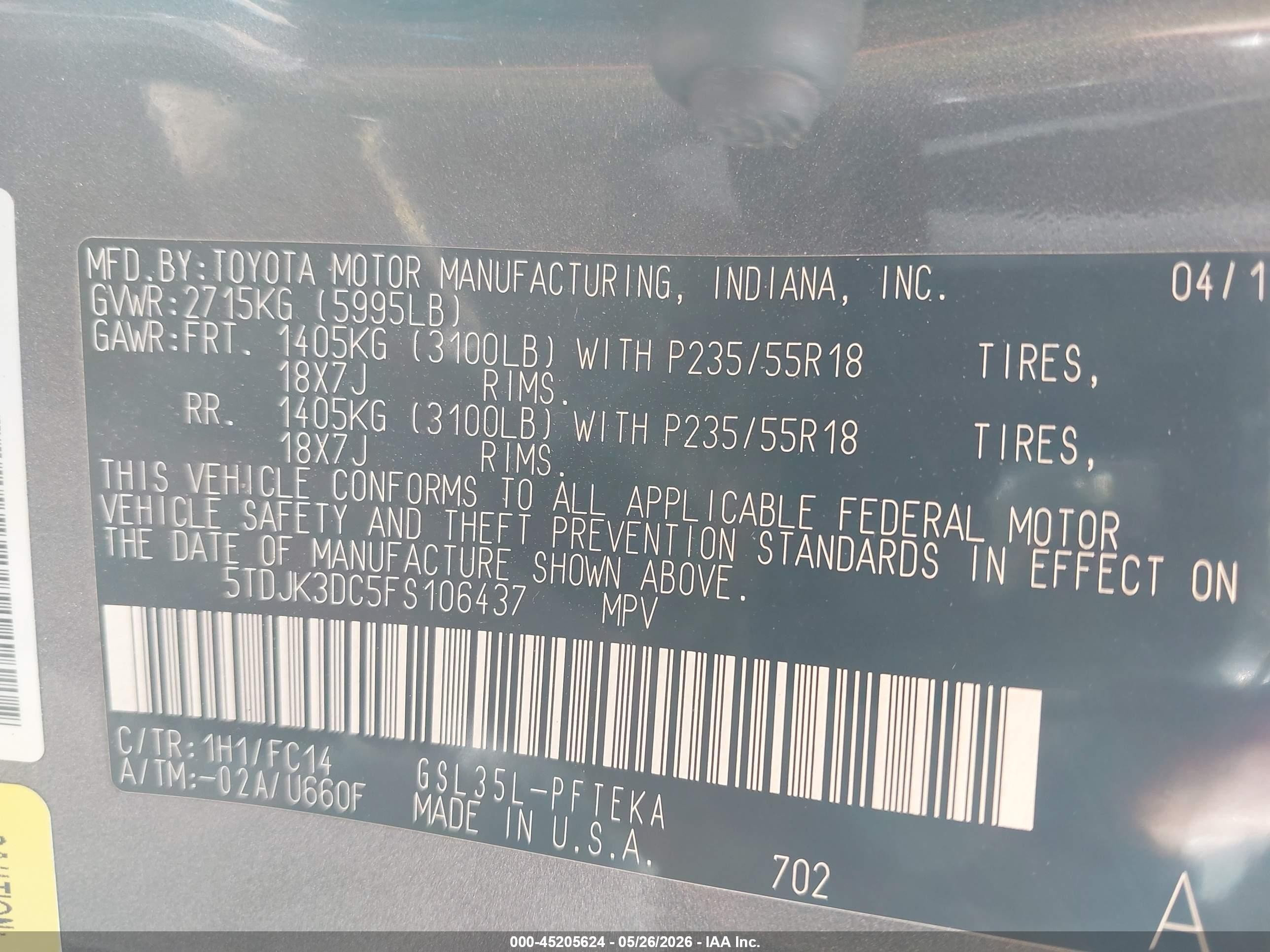 2015 Toyota Sienna Le 7 Passenger Серый vin: 5TDJK3DC5FS106437