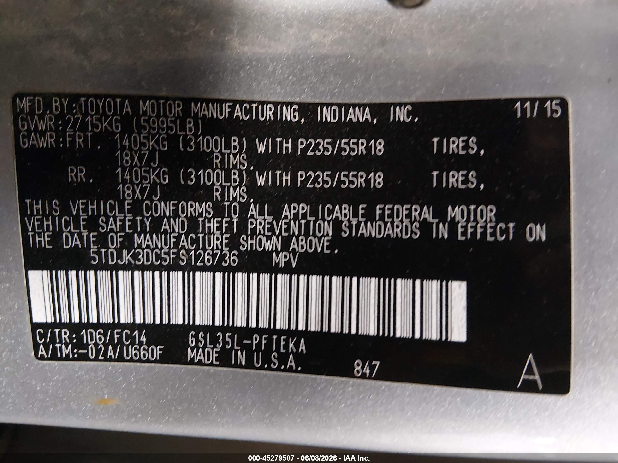 2015 Toyota Sienna Le 7 Passenger Silver vin: 5TDJK3DC5FS126736