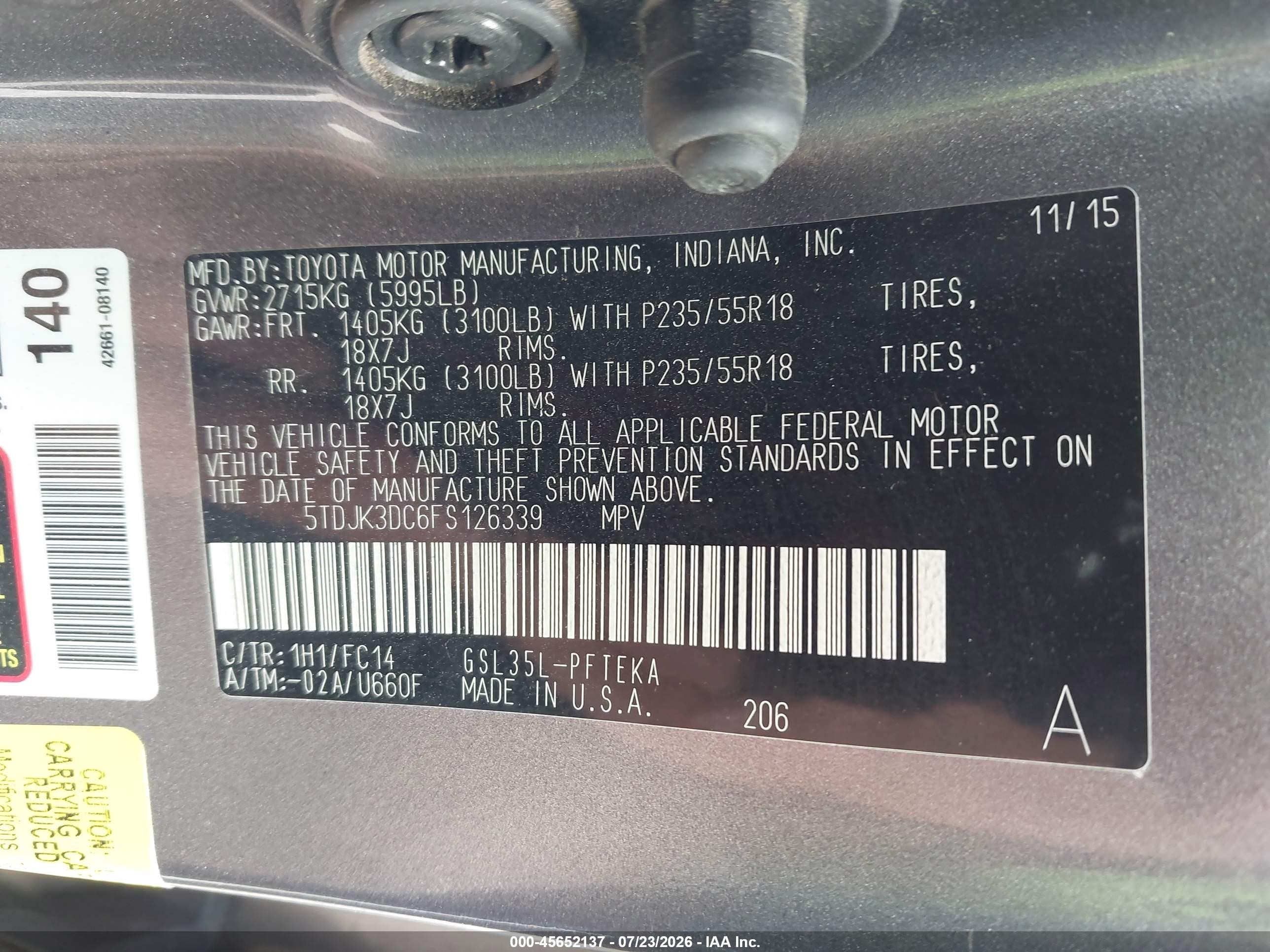 2015 Toyota Sienna Le 7 Passenger Gray vin: 5TDJK3DC6FS126339