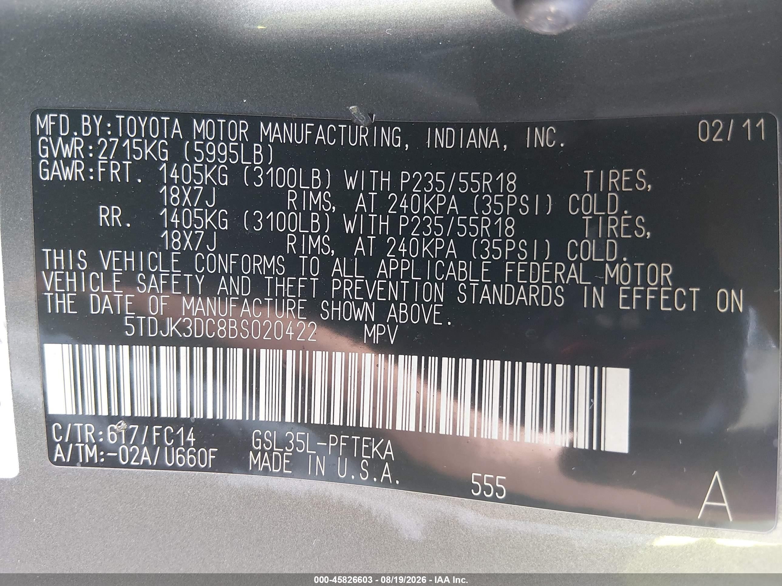 2011 Toyota Sienna Le Green vin: 5TDJK3DC8BS020422