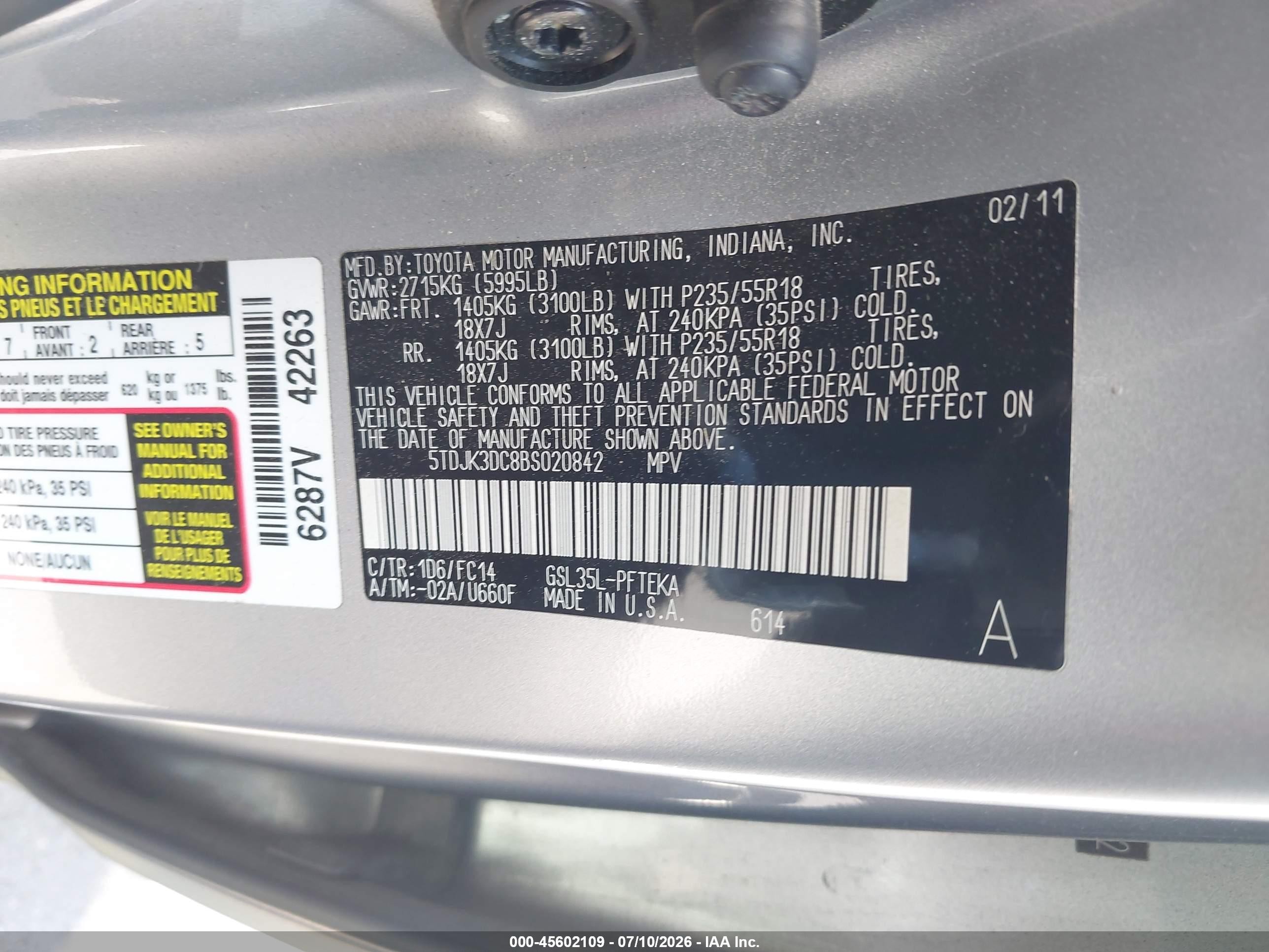 2011 Toyota Sienna Le Silver vin: 5TDJK3DC8BS020842