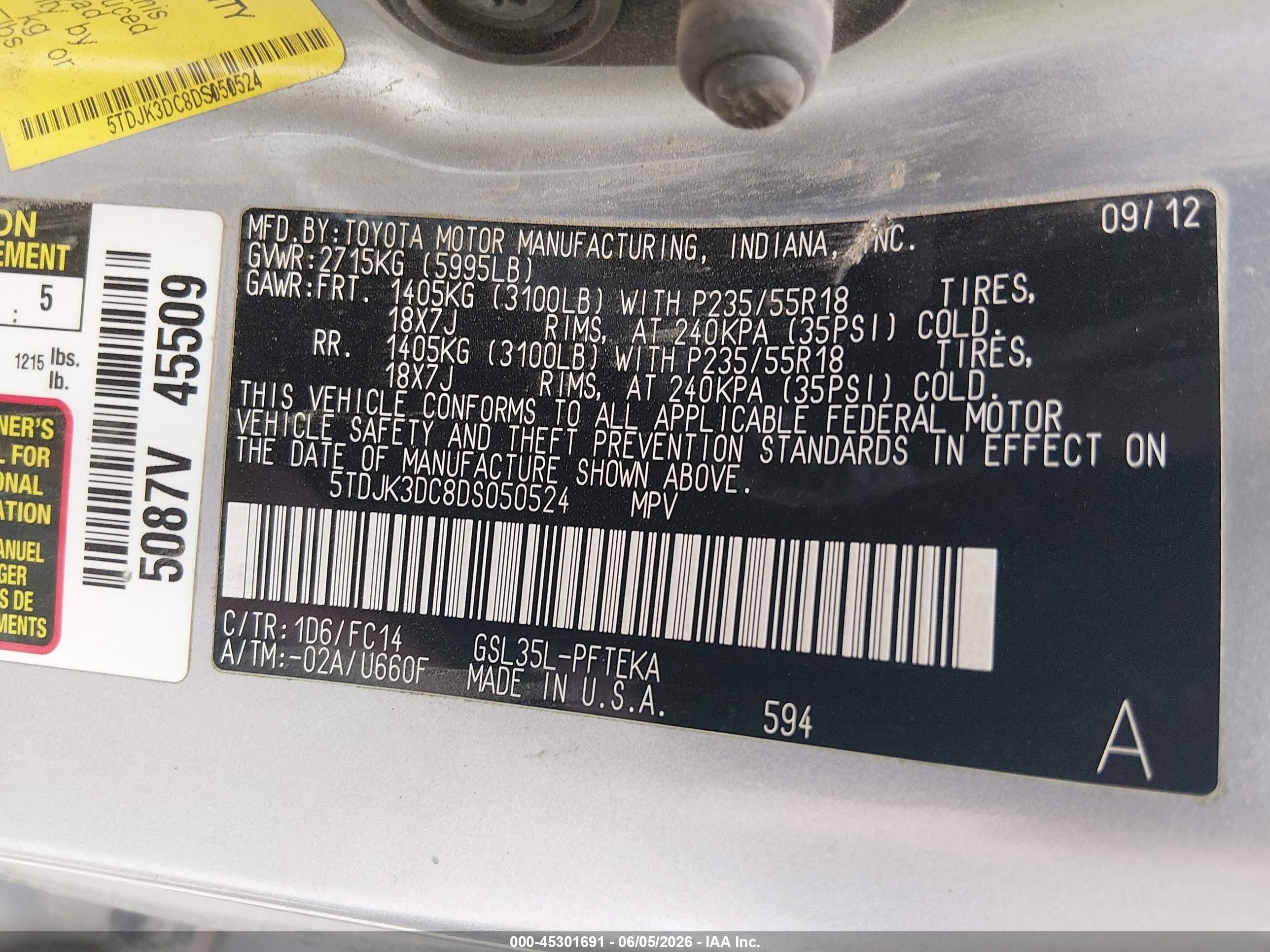2013 Toyota Sienna Le 7 Passenger Light Blue vin: 5TDJK3DC8DS050524