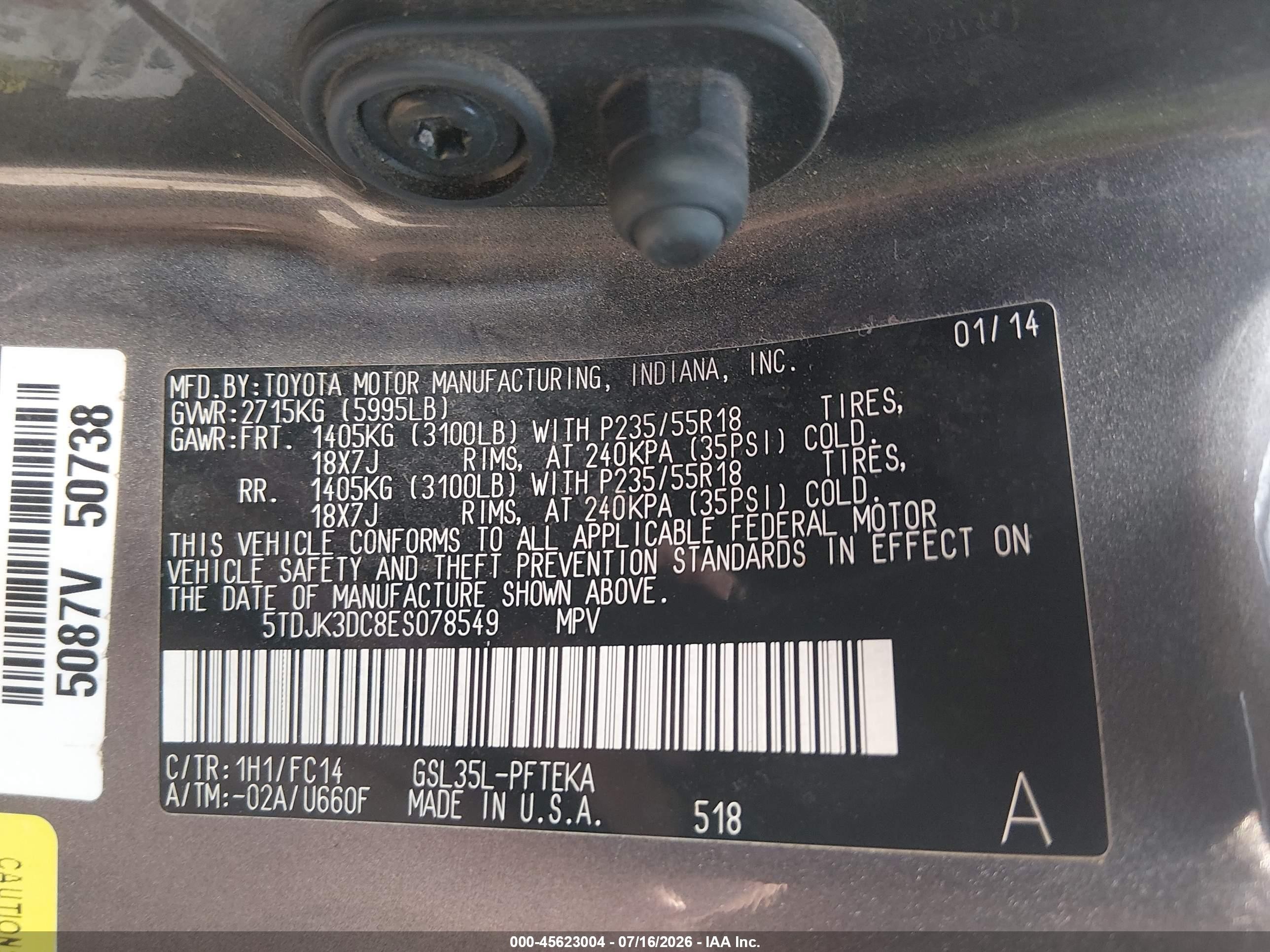2014 Toyota Sienna Le 7 Passenger Gray vin: 5TDJK3DC8ES078549