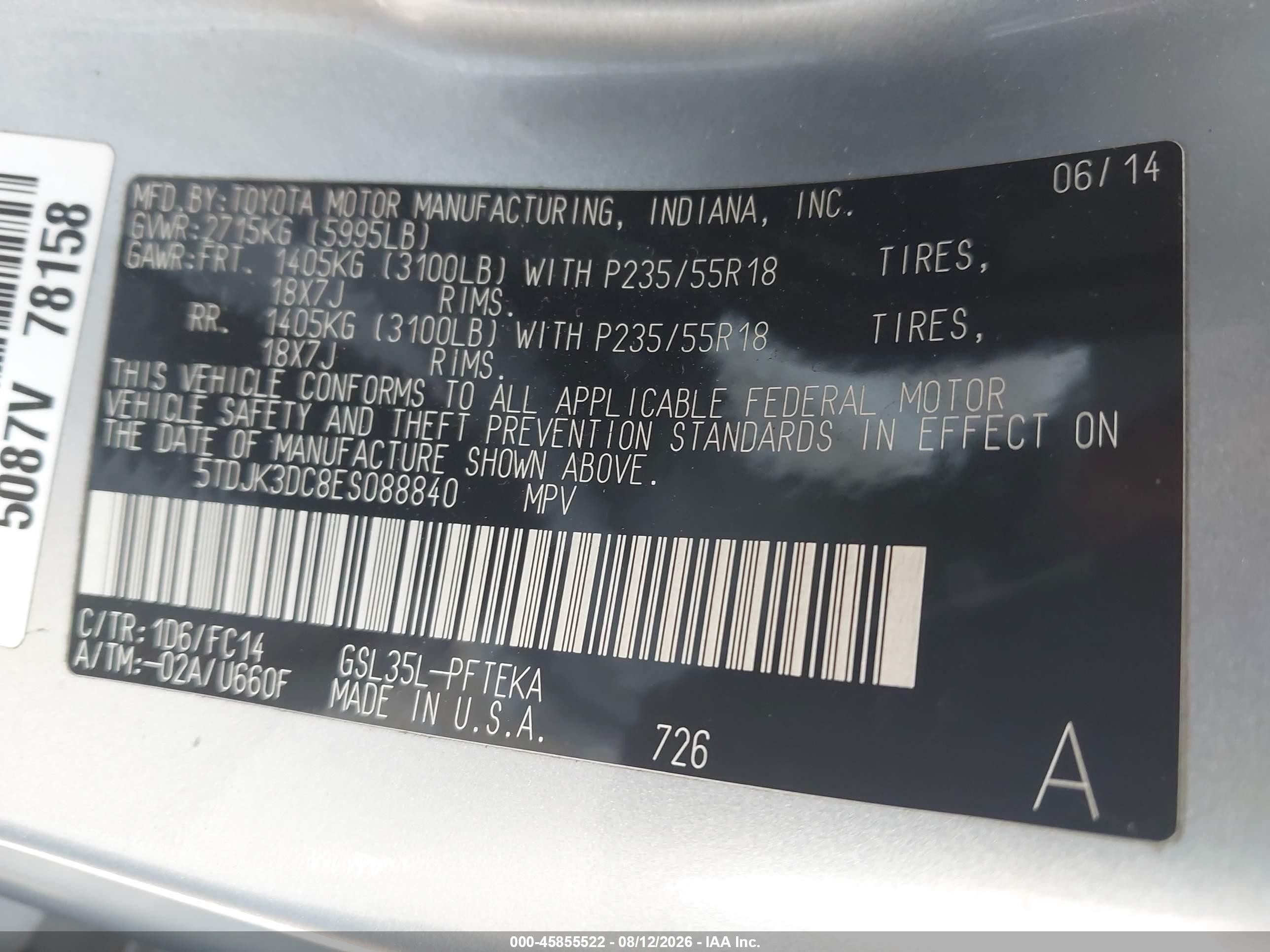 2014 Toyota Sienna Le 7 Passenger Silver vin: 5TDJK3DC8ES088840