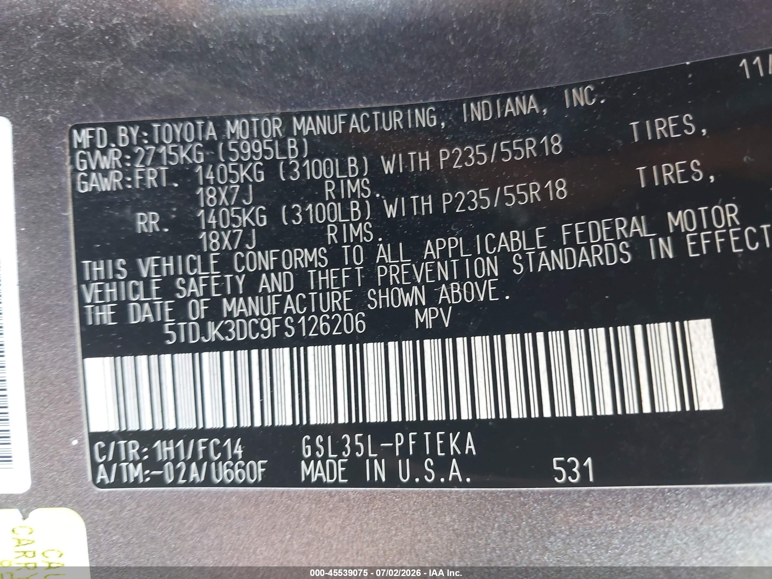 2015 Toyota Sienna Le 7 Passenger Gray vin: 5TDJK3DC9FS126206