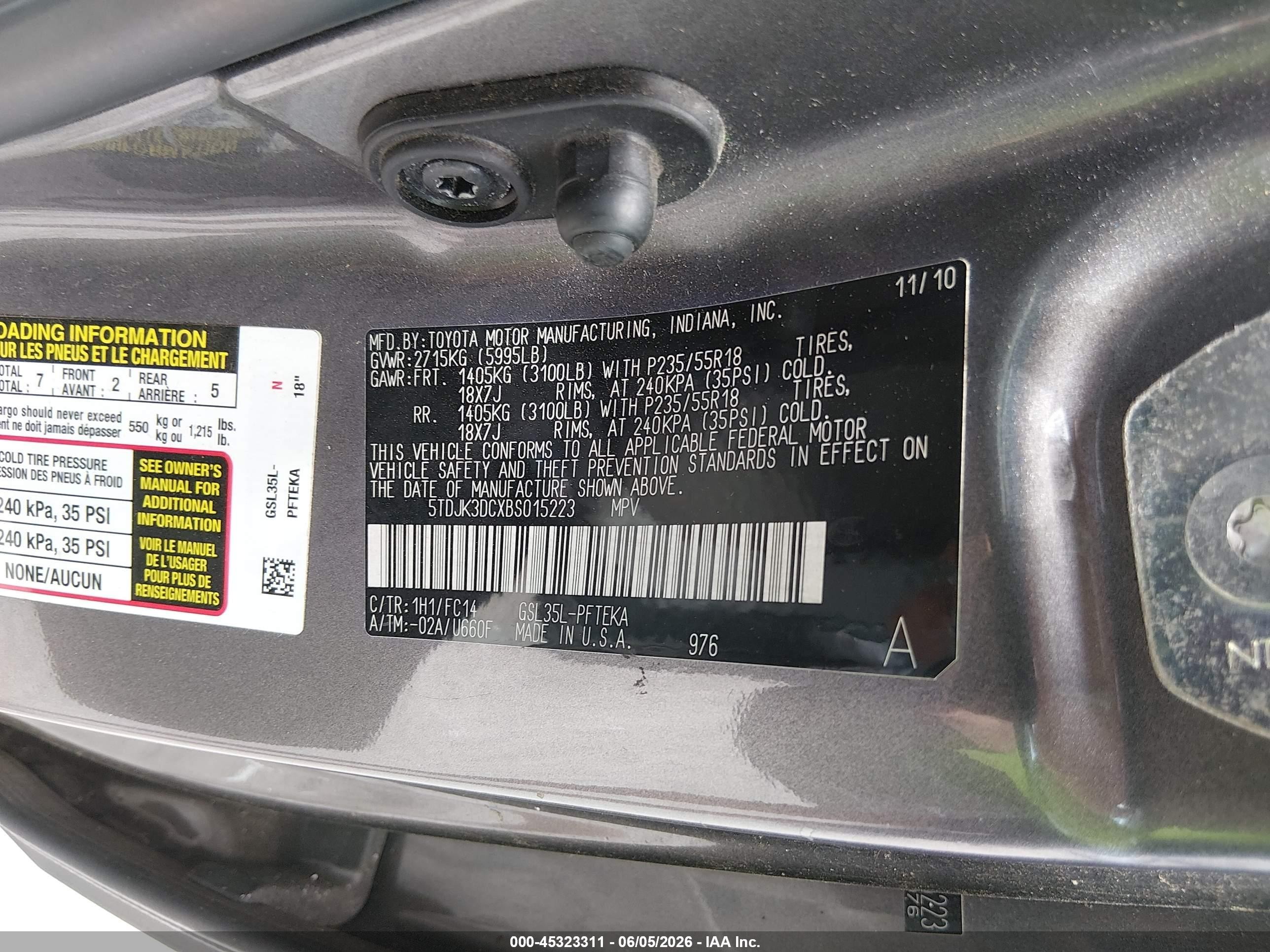 2011 Toyota Sienna Le Gray vin: 5TDJK3DCXBS015223