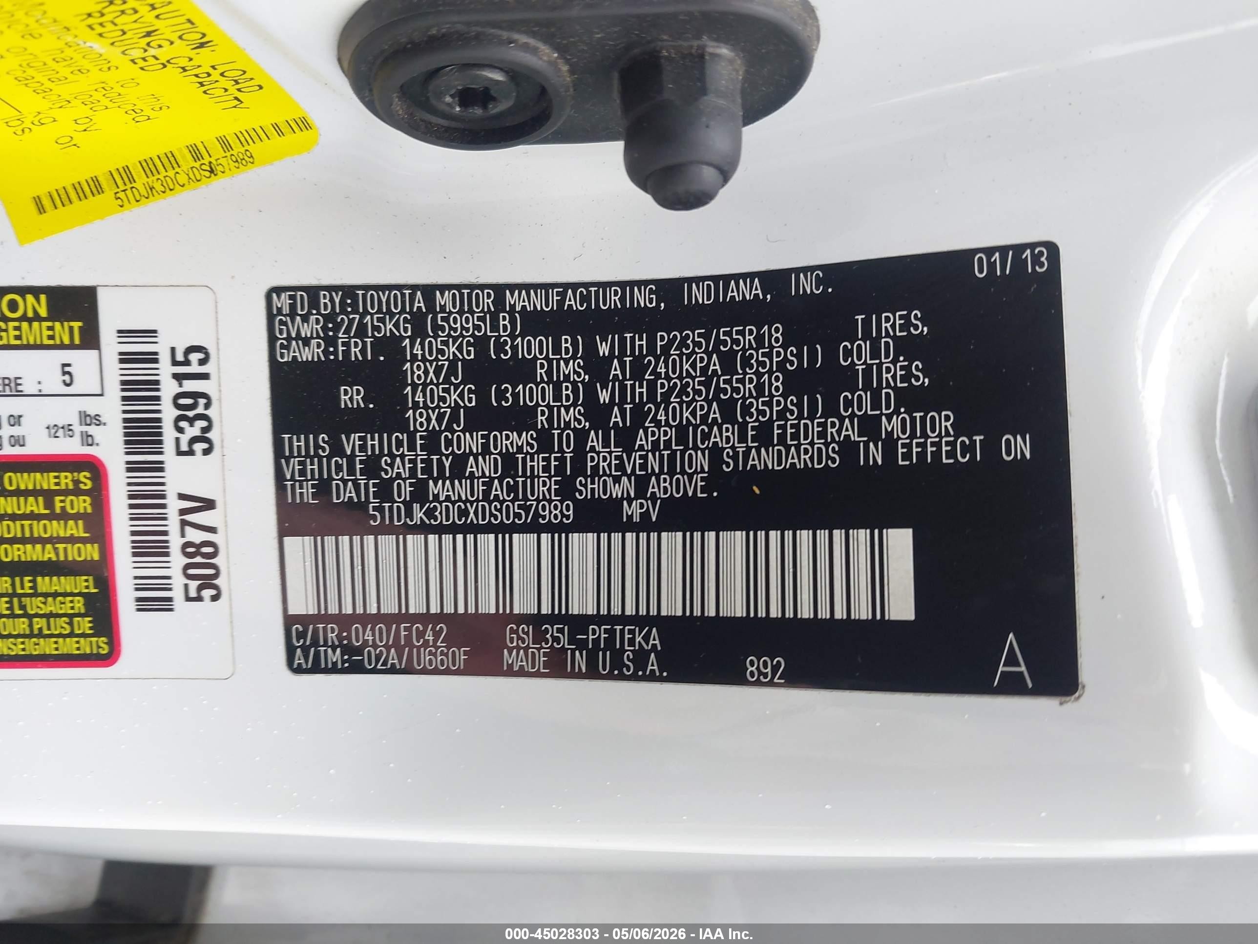 2013 Toyota Sienna Le 7 Passenger White vin: 5TDJK3DCXDS057989