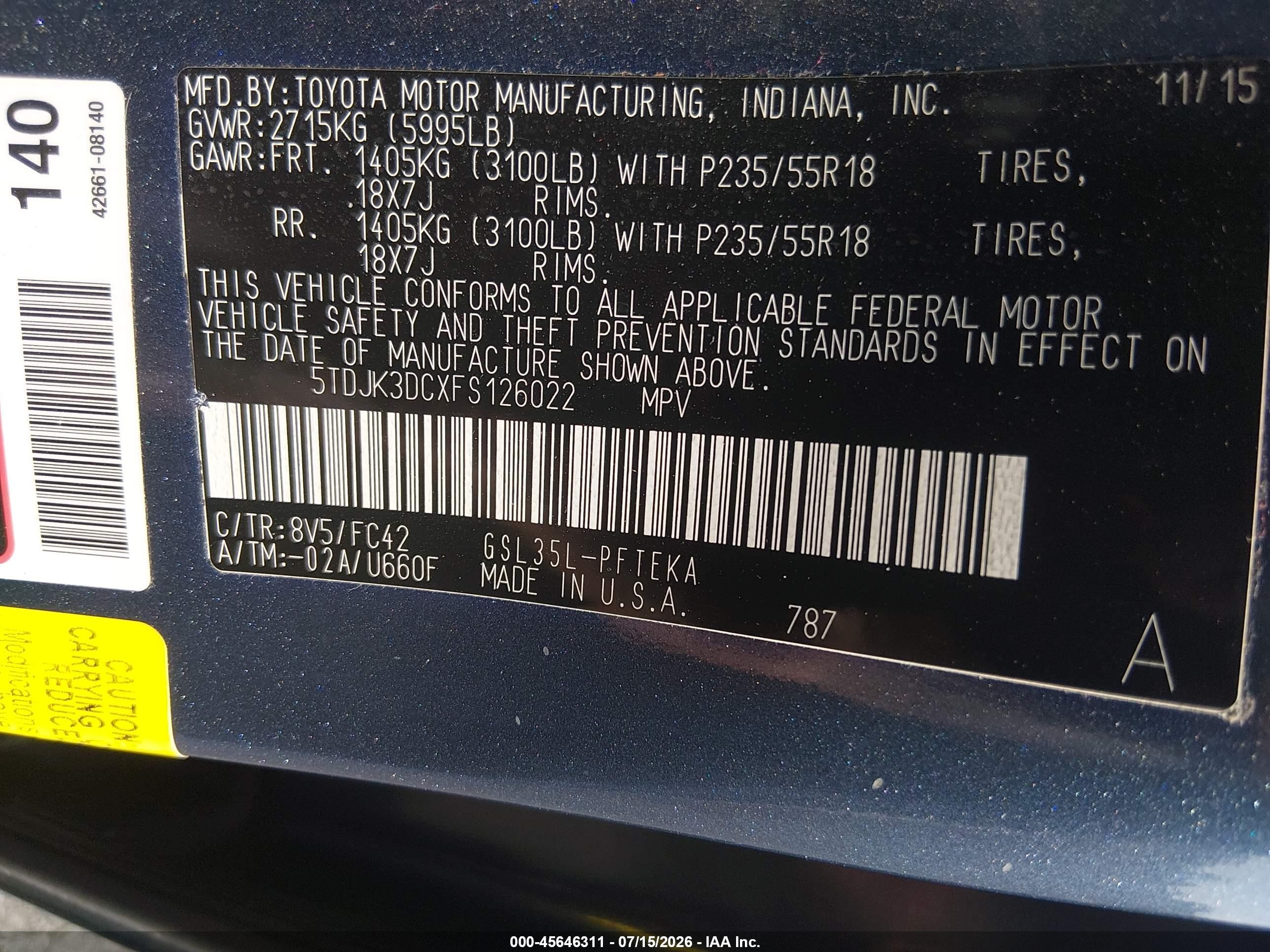 2015 Toyota Sienna Le 7 Passenger Blue vin: 5TDJK3DCXFS126022