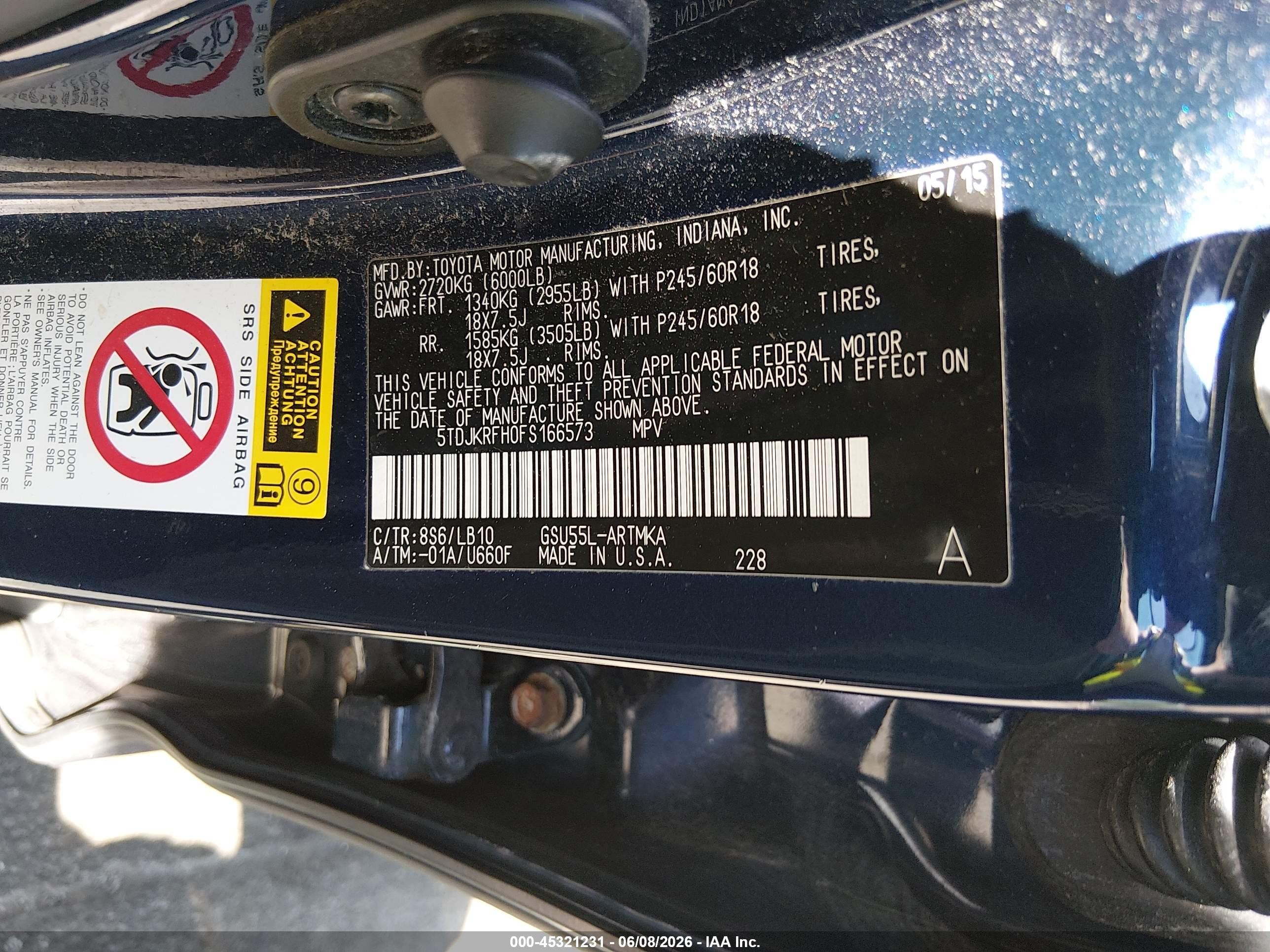 2015 Toyota Highlander Xle V6 Blue vin: 5TDJKRFH0FS166573