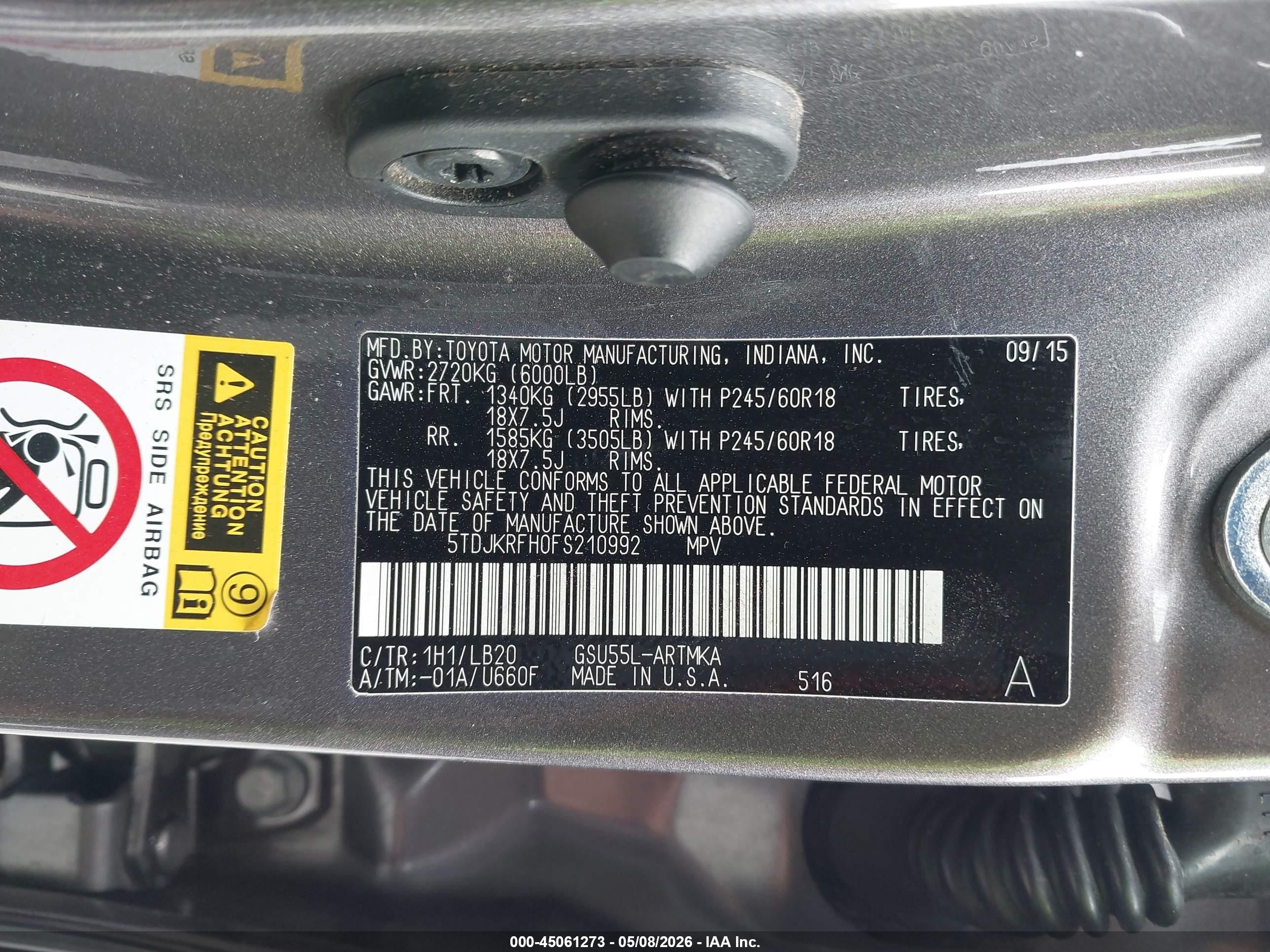 2015 Toyota Highlander Xle V6 Серый vin: 5TDJKRFH0FS210992