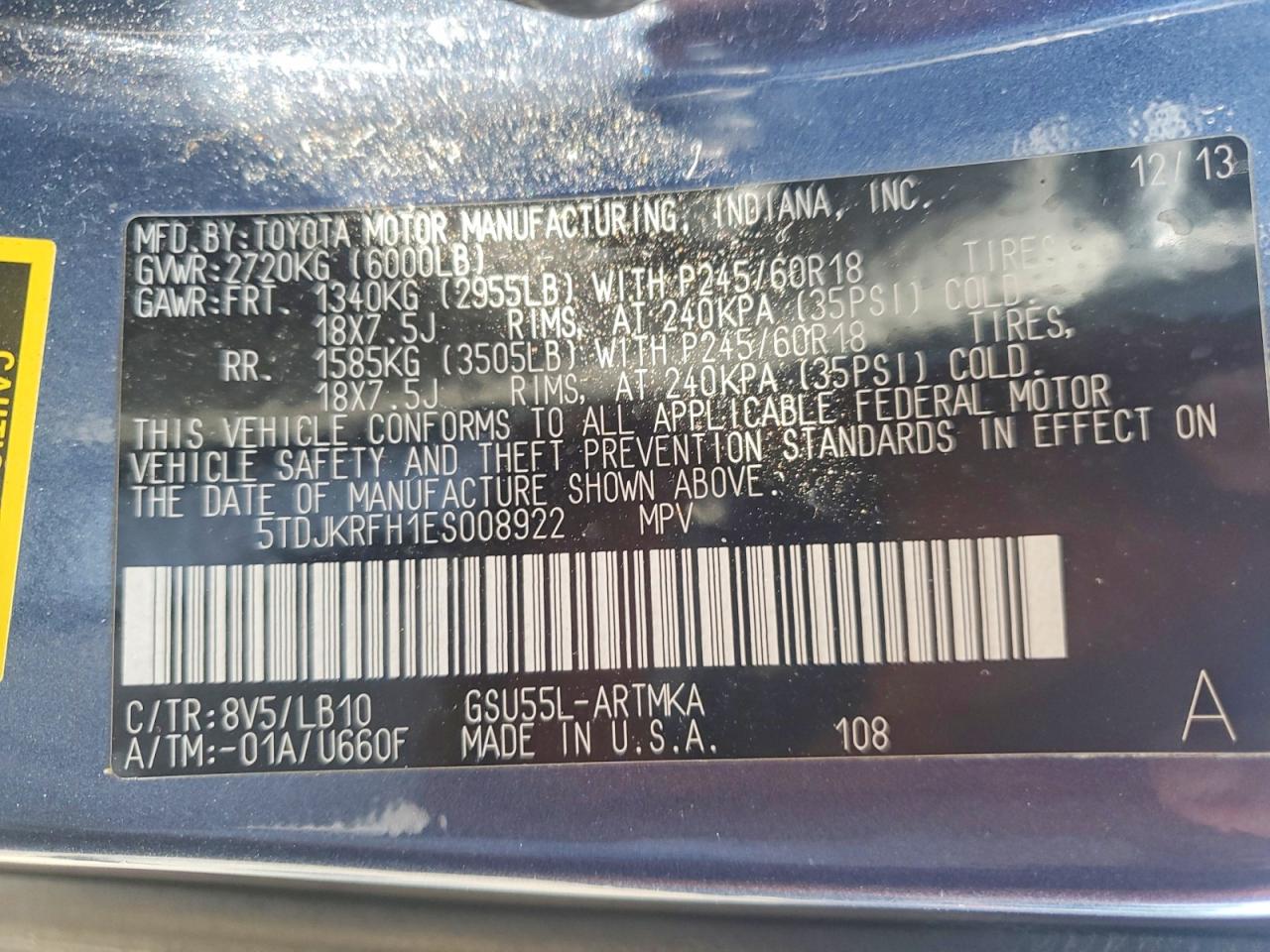 2014 Toyota Highlander Xle Blue vin: 5TDJKRFH1ES008922