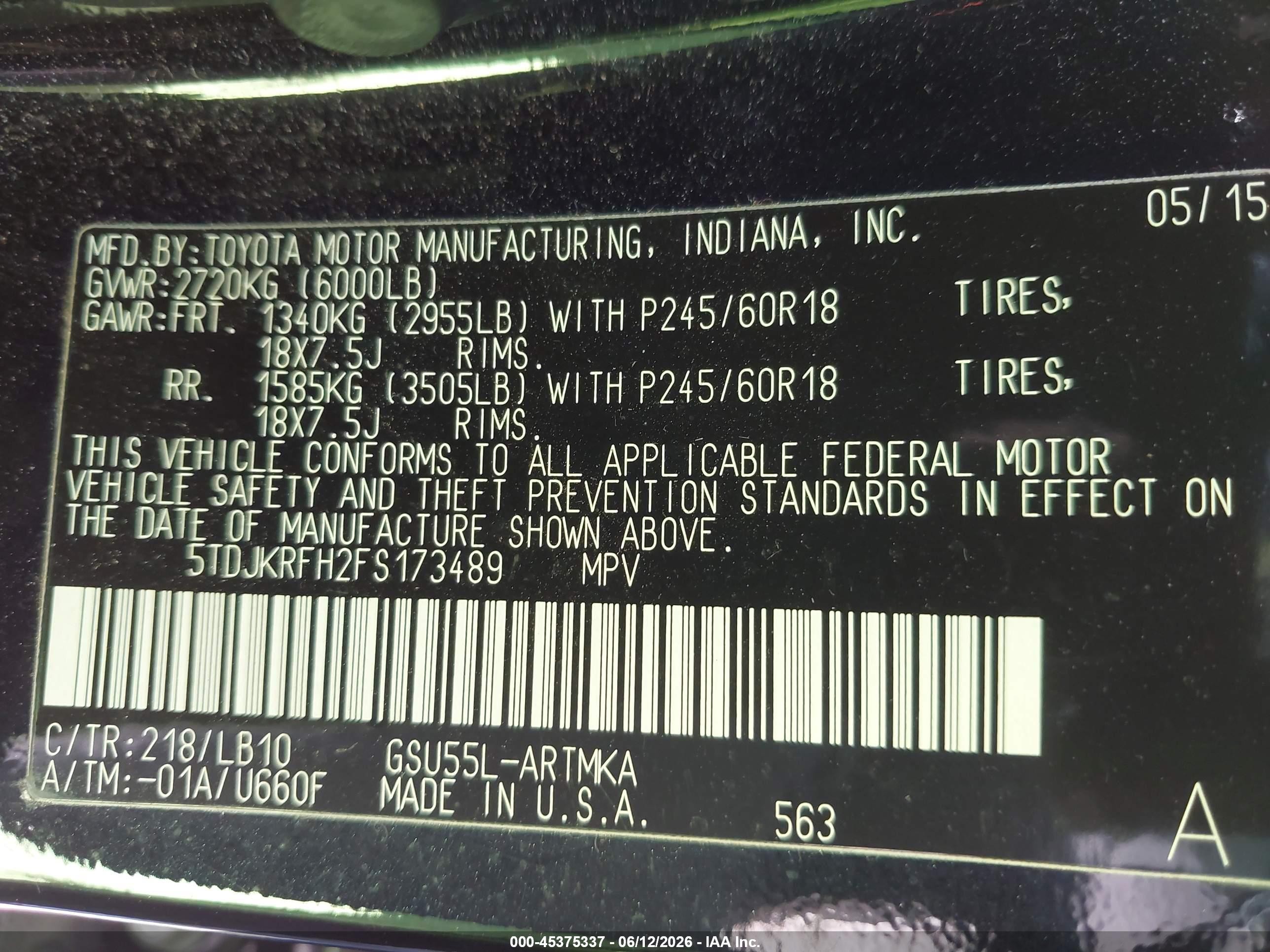 2015 Toyota Highlander Xle V6 Black vin: 5TDJKRFH2FS173489