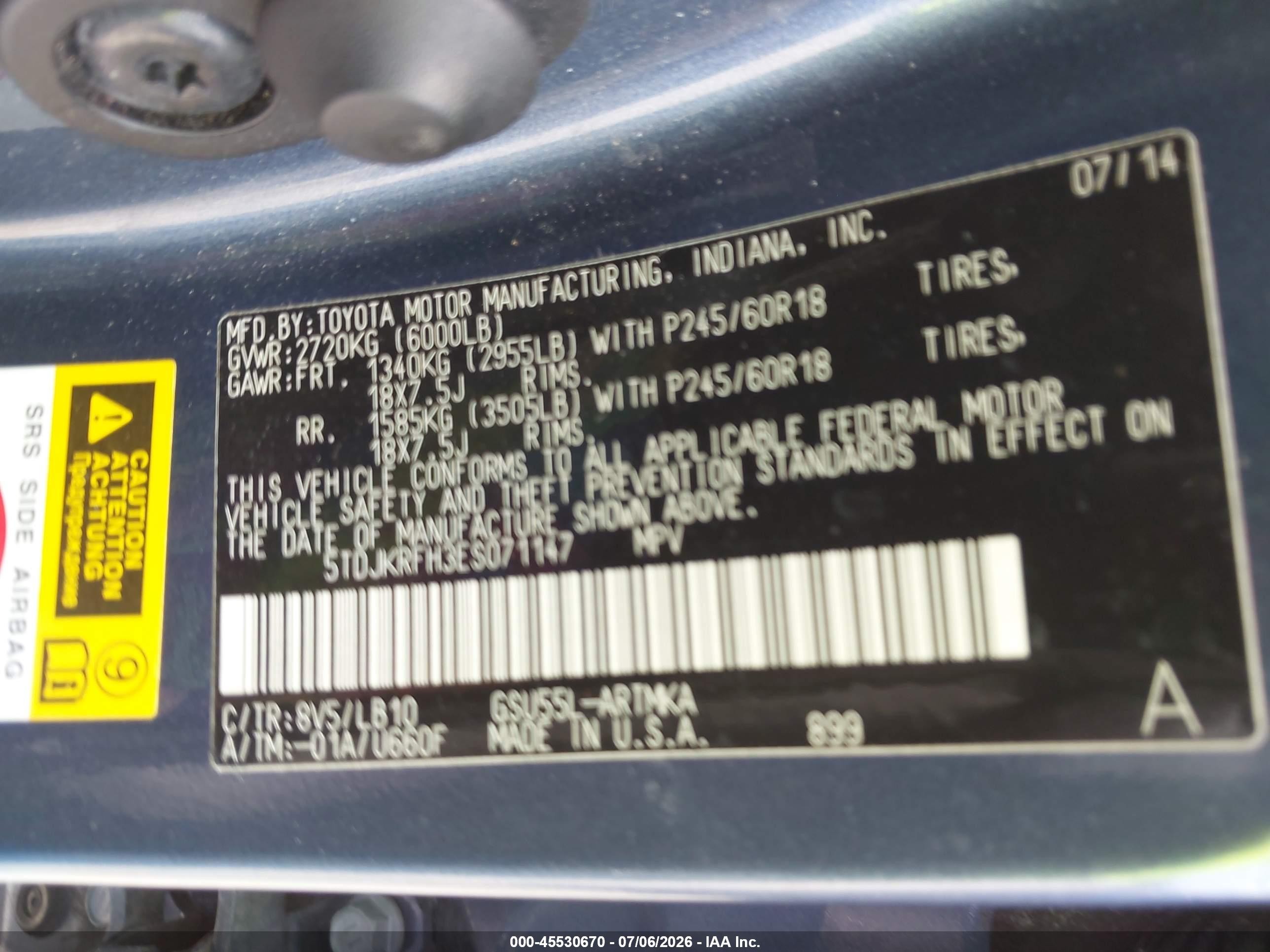 2014 Toyota Highlander Xle V6 Light Blue vin: 5TDJKRFH3ES071147