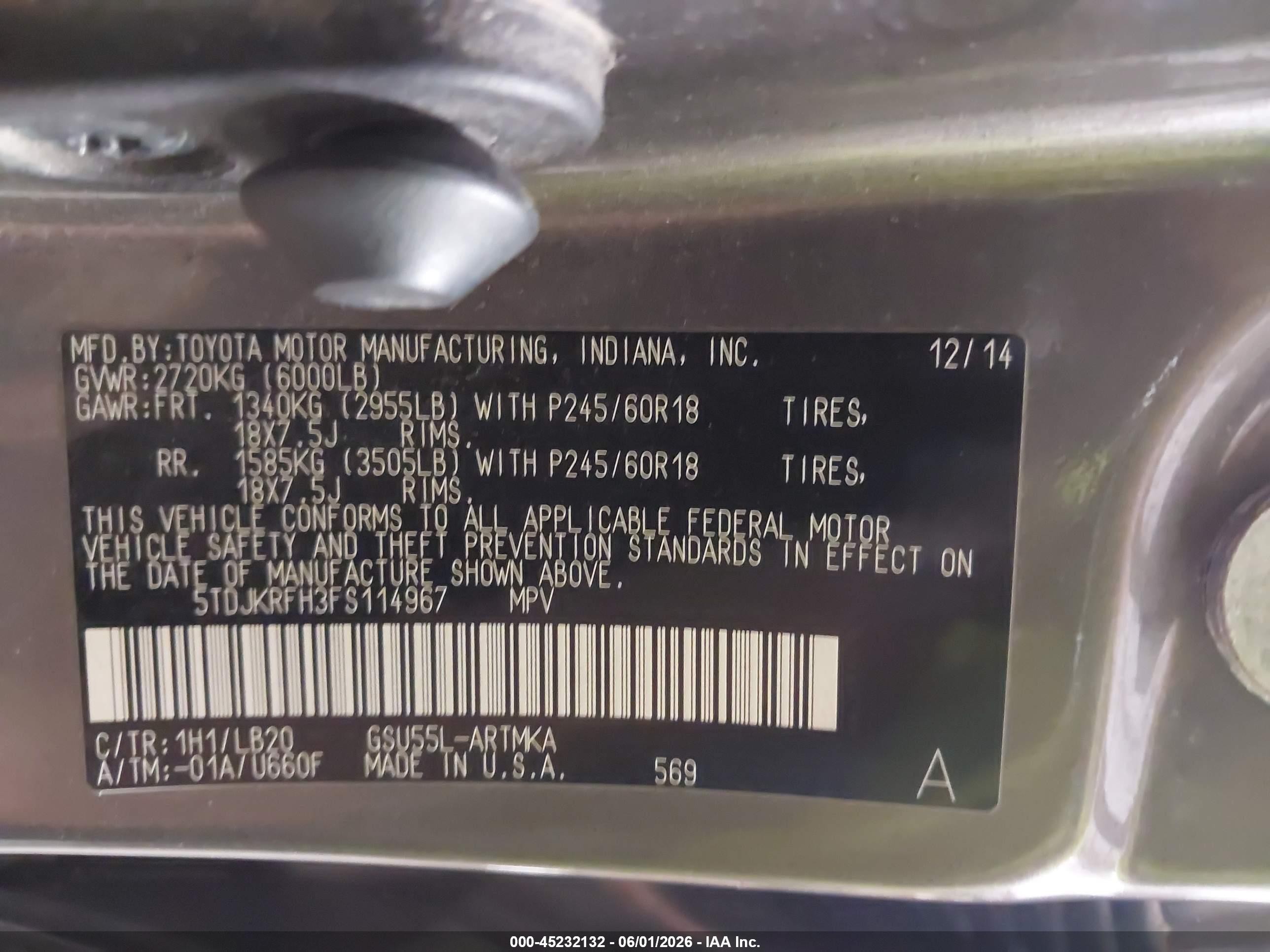 2015 Toyota Highlander Xle V6 Gray vin: 5TDJKRFH3FS114967