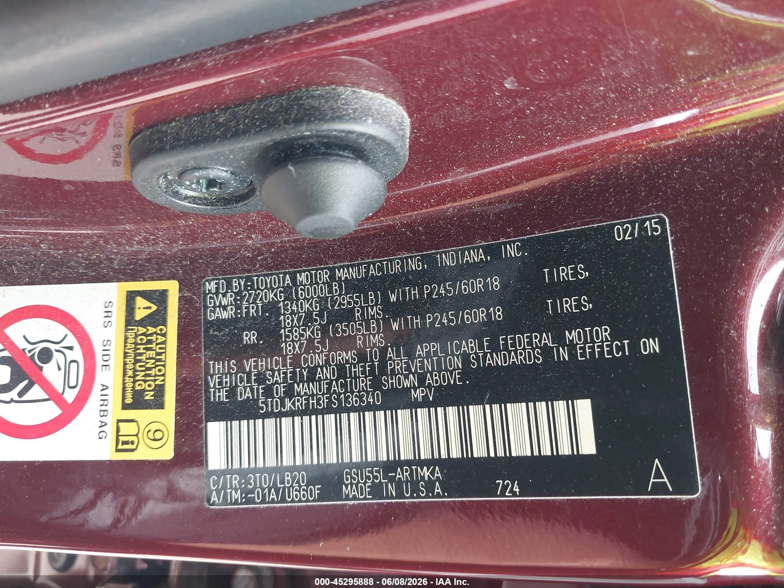 2015 Toyota Highlander Xle V6 Burgundy vin: 5TDJKRFH3FS136340