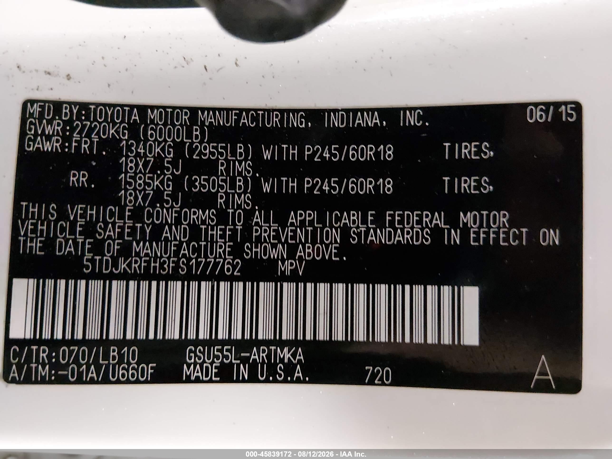 2015 Toyota Highlander Xle V6 White vin: 5TDJKRFH3FS177762