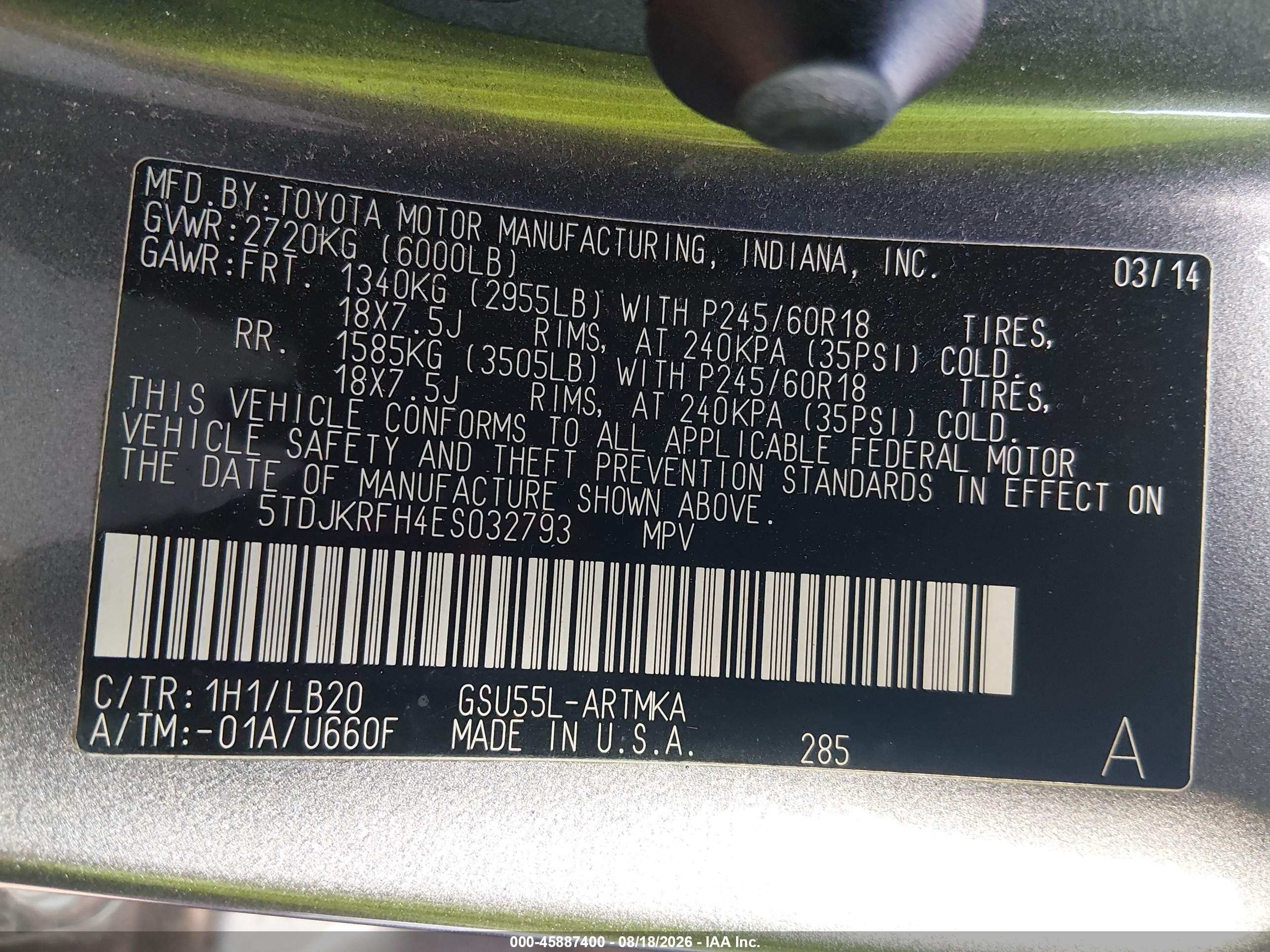 2014 Toyota Highlander Xle V6 Серый vin: 5TDJKRFH4ES032793