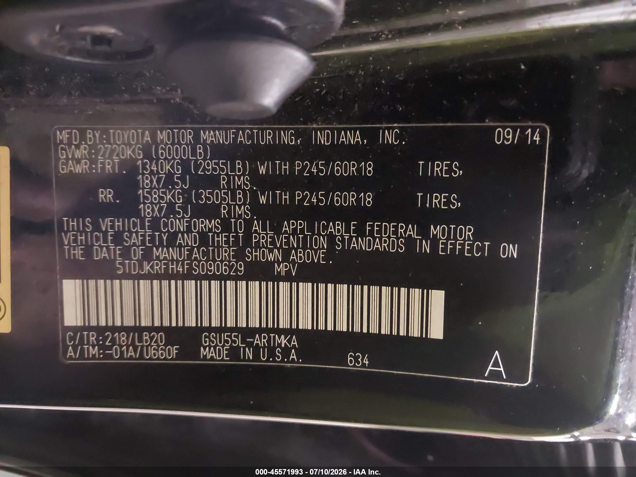 2015 Toyota Highlander Xle V6 Black vin: 5TDJKRFH4FS090629
