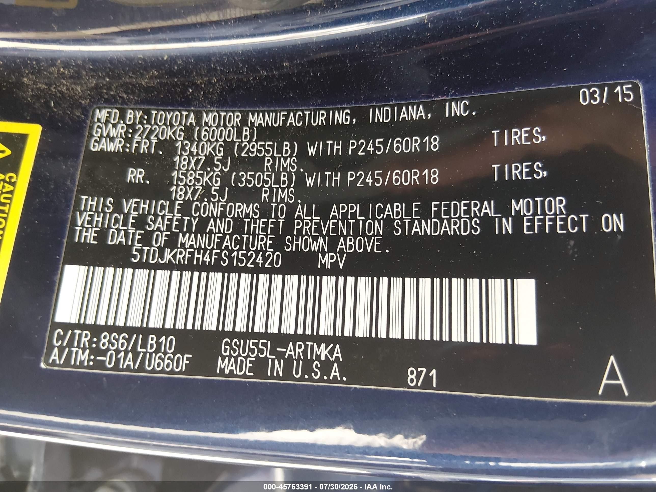 2015 Toyota Highlander Xle V6 Blue vin: 5TDJKRFH4FS152420