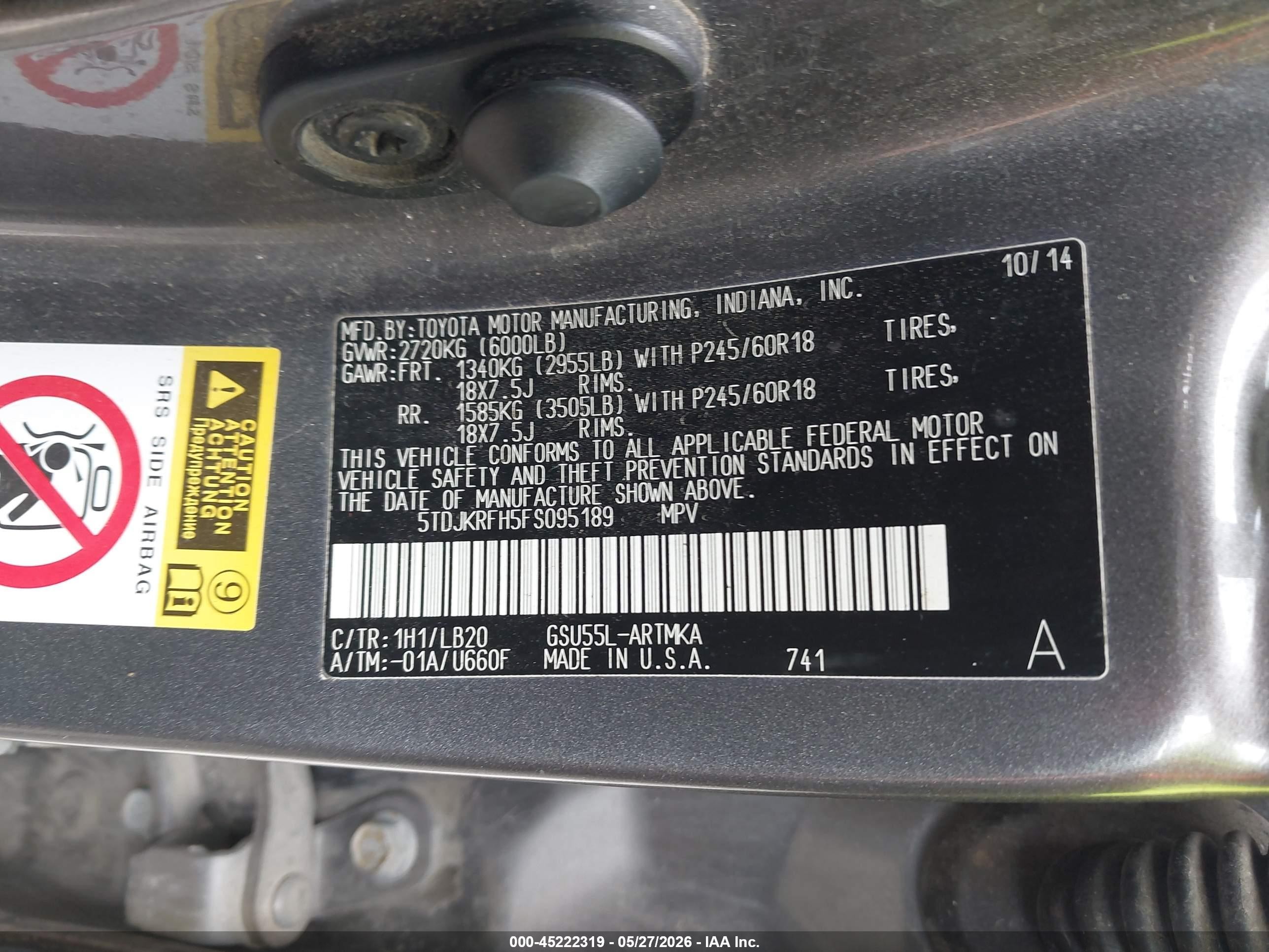 2015 Toyota Highlander Xle V6 Серый vin: 5TDJKRFH5FS095189