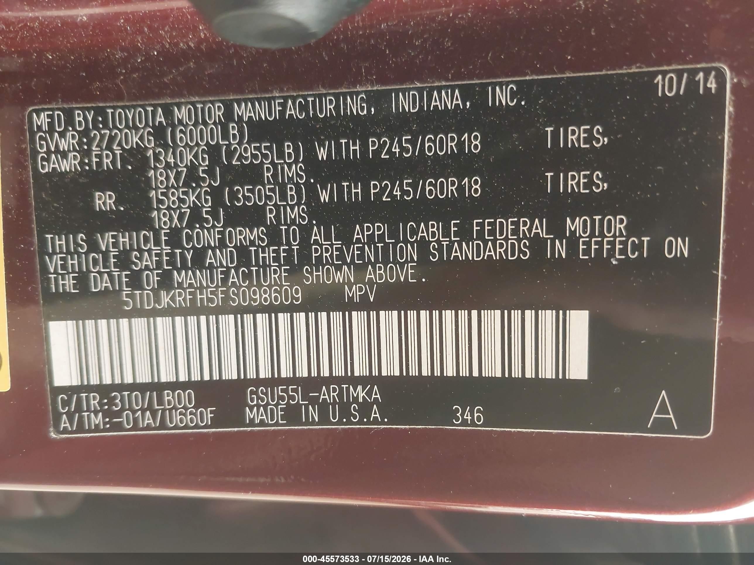 2015 Toyota Highlander Xle V6 Red vin: 5TDJKRFH5FS098609