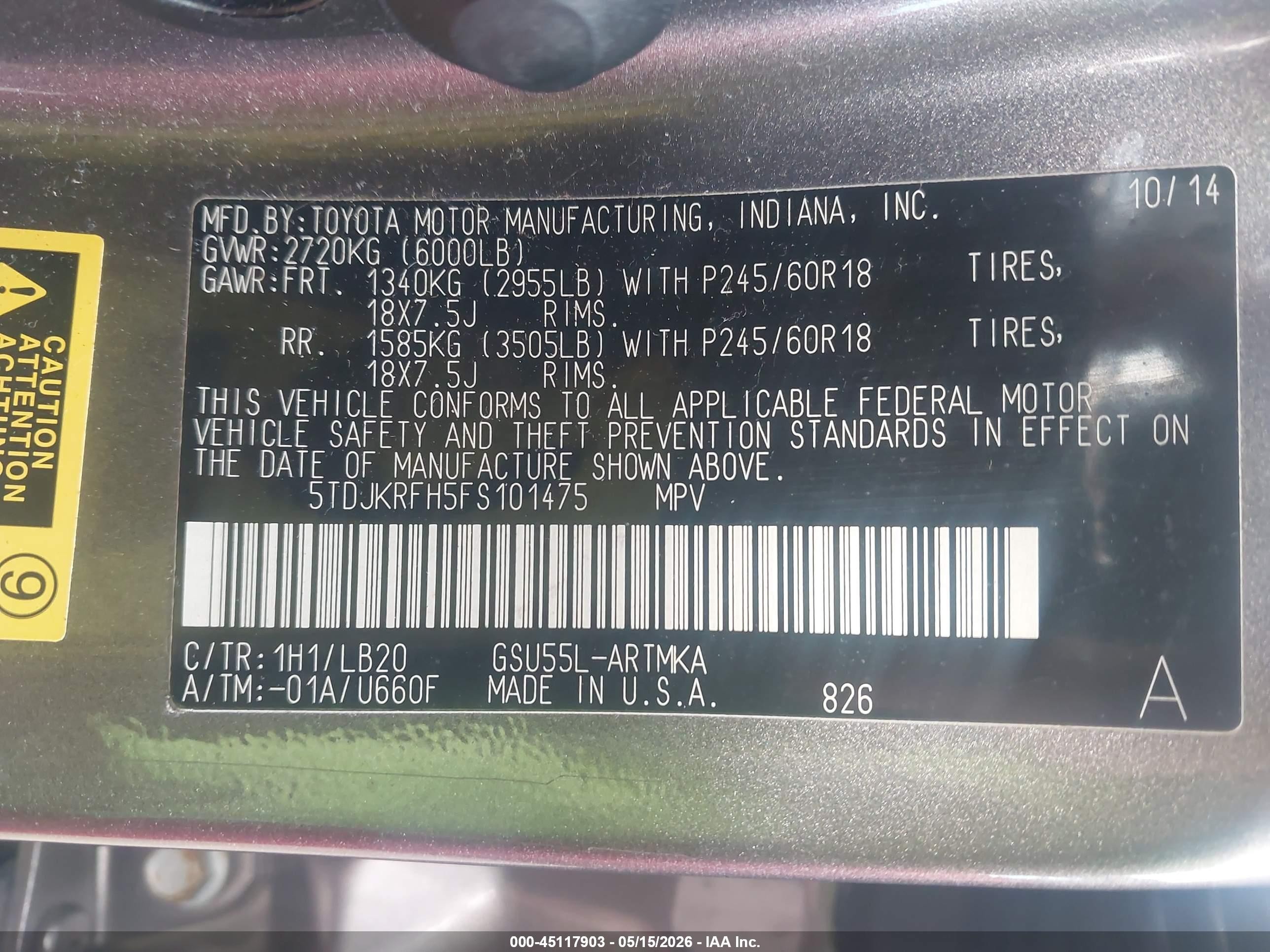 2015 Toyota Highlander Xle V6 Серый vin: 5TDJKRFH5FS101475